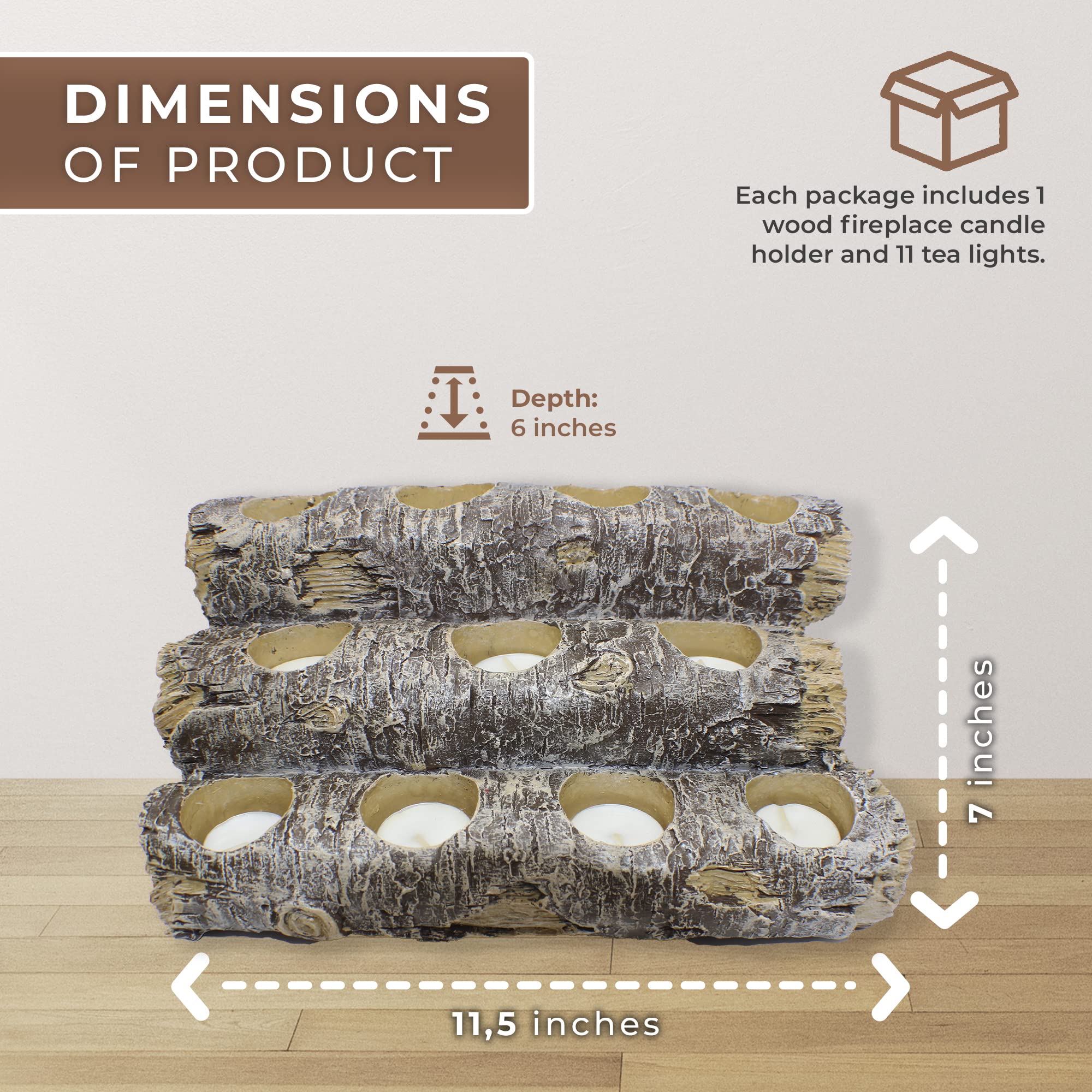 Castaway Faux Fireplace Logs with LED Lights - Realistic Wood Log Candle Holder Set Includes 12 Fireplace Candles - Rustic Home Decor for Living Room, Bedroom, and Cozy Winter Ambiance
