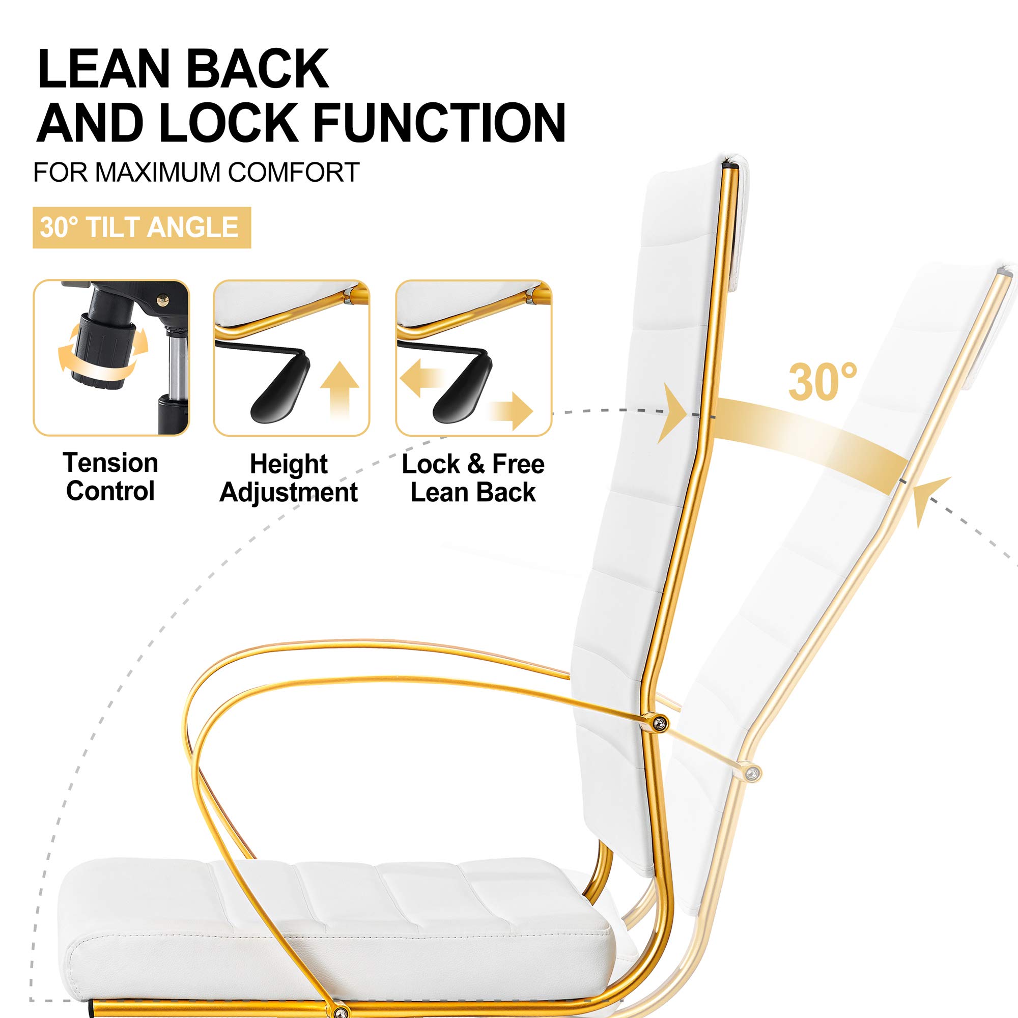 Ergonomic Office Chair - High Back Executive Desk Chair in White Vegan Leather with Gold Accents, Adjustable Height & Lumbar Support for Home Office, Perfect for Long Work Hours & Video Conferencing (White)