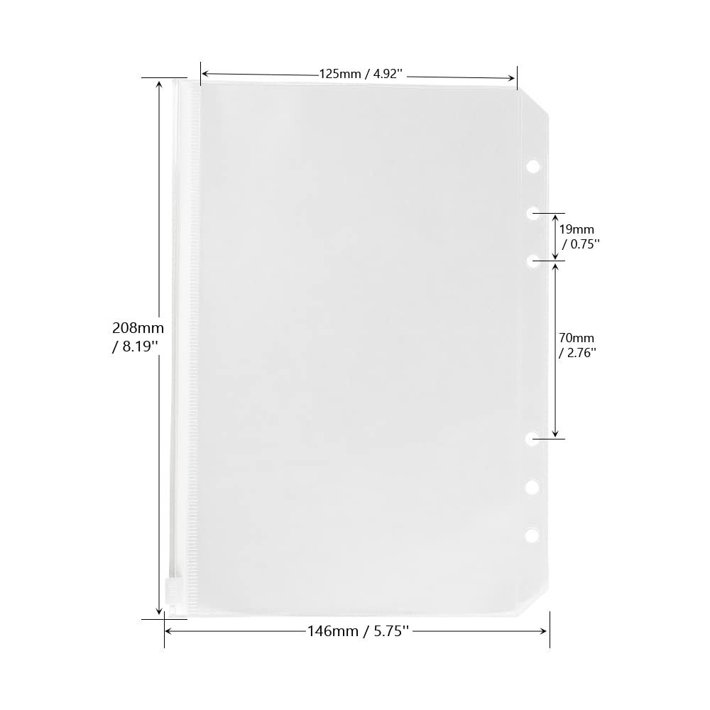 12 Pack A5 Clear Plastic Zipper Binder Envelopes - Waterproof PVC Pockets for 6-Ring Loose Leaf File Folders, Refillable Planner Covers - Perfect for School, Office & Document Organization
