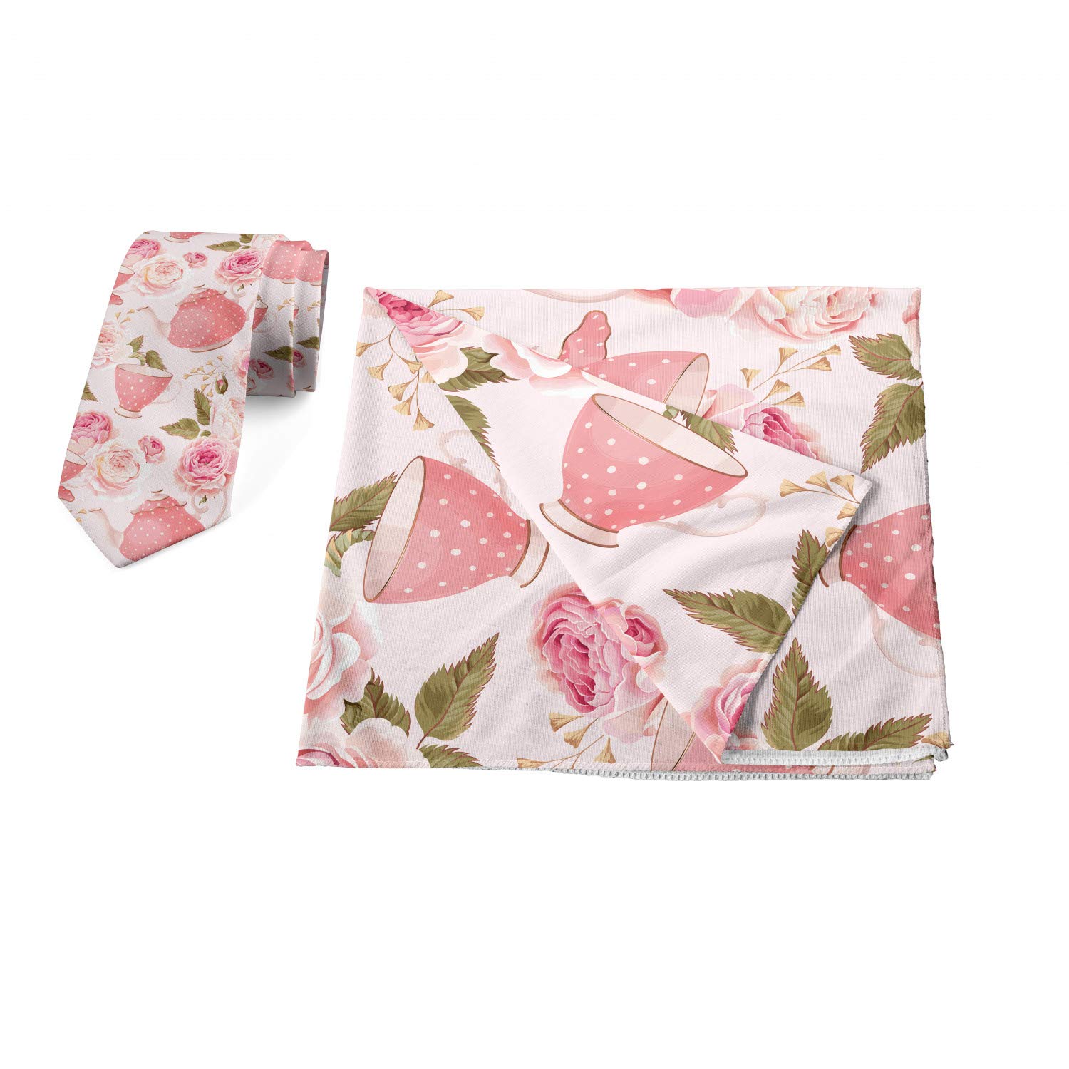 Vintage Tea Cups & Roses Tie and Bandana Set for Men - Stylish Neckwear Accessories for Weddings, Parties & Formal Events