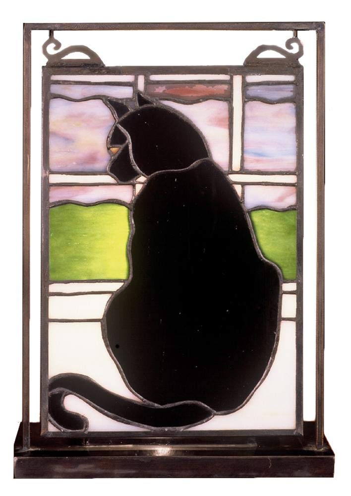 Meyda Tiffany 56834 Black Cat Stained Glass Tiffany Lamp - Handcrafted Tabletop Mini Window Light - Perfect for Home Decor, Office & Gift Giving