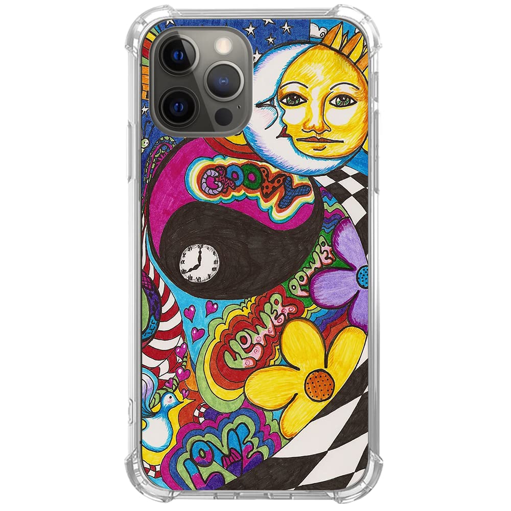 **Trippy Retro Hippie Phone Case for iPhone 12 Pro Max - Psychedelic Sun Moon Design, Soft TPU Bumper Cover for Men & Women - Perfect for Music Festivals, Travel & Boho Style**