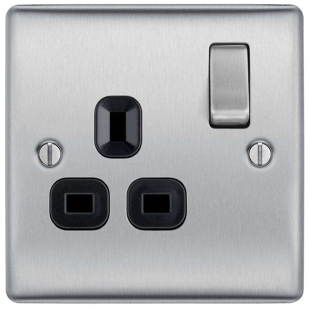 BG Nexus 13A Single Socket NBS21B - Brushed Steel Electrical Outlet for Home, Office & Workshop Use