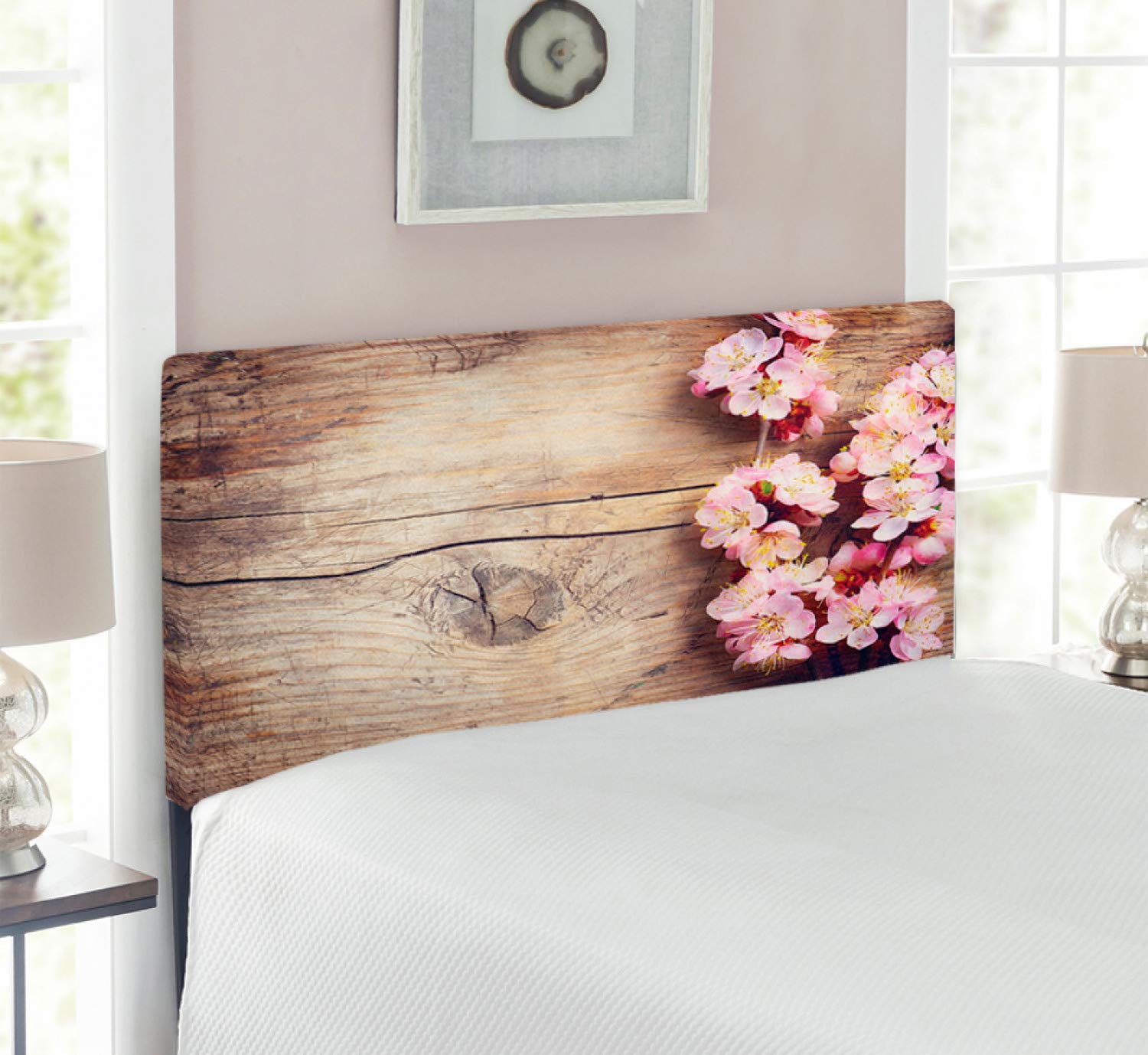 Ambesonne Floral Upholstered Headboard - Twin Size Farmhouse Style Bed Headboard with Memory Foam, Spring Blossom Wooden Table Design in Pink & Brown | Perfect for Countryside Bedrooms, Guest Rooms & Romantic Home Decor