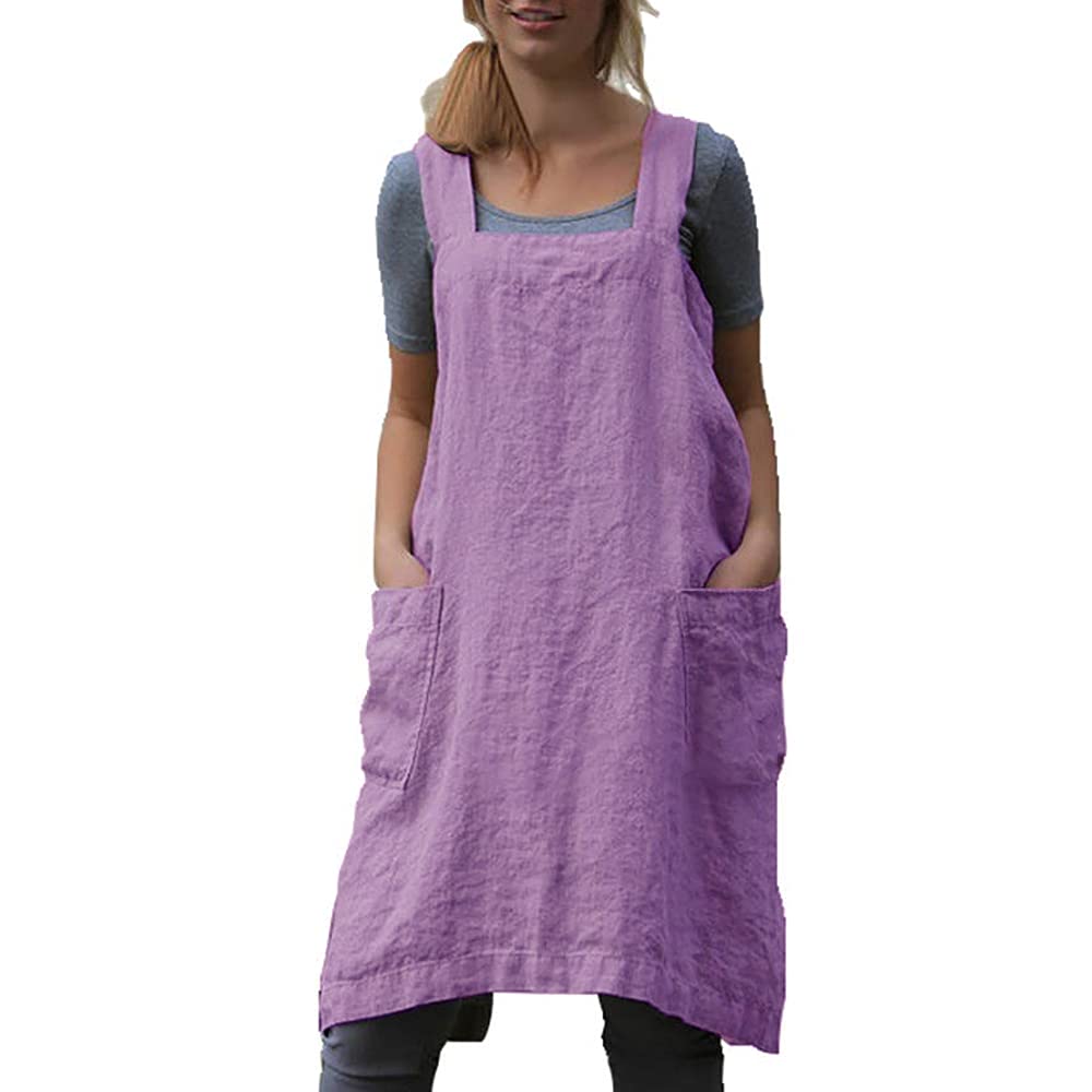 Premium Cotton Linen Cross Back Apron for Women - Adjustable Pinafore Dress with Pockets - Ideal for Baking, Cooking, BBQ & Kitchen Activities