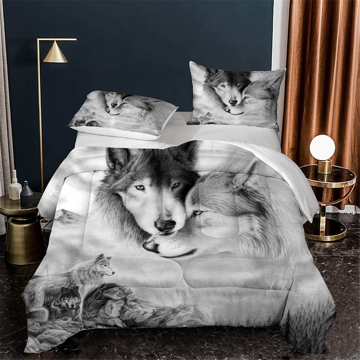 Grey Wolf Couples Comforter Set Twin Size - Wolf Pattern Printed Bedding Quilt Duvet Cover with 1 Comforter & 1 Pillowcase - Perfect for Romantic Bedrooms, Cabin Decor or Wolf Lovers' Home