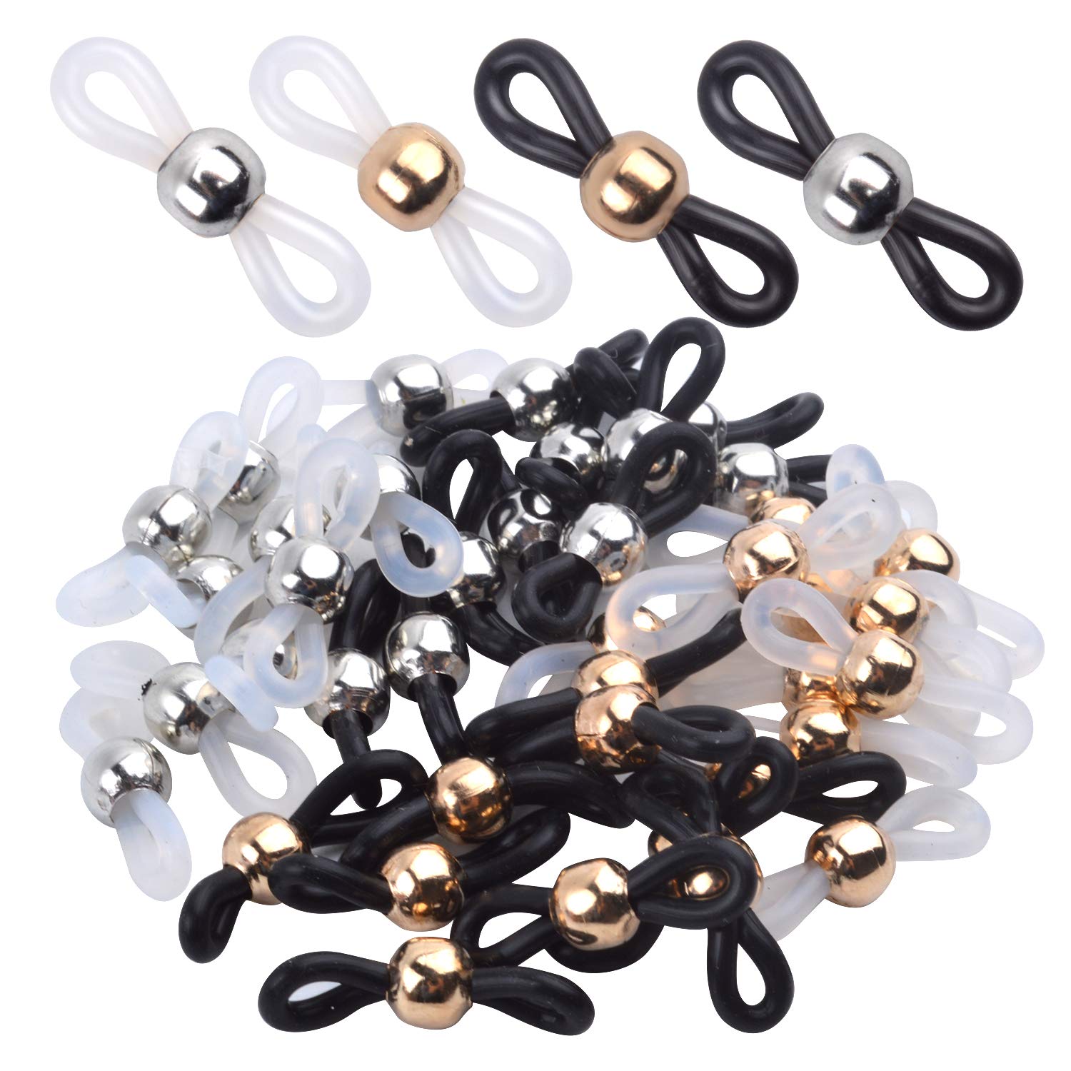 Aylifu 40-Piece Adjustable Rubber Eyeglass Chain Ends - 4 Colors - Eyeglasses Strap Holder & Spectacle Chain Loops for Secure Fit - Perfect for Reading Glasses, Sunglasses & Safety Glasses at Work or Leisure