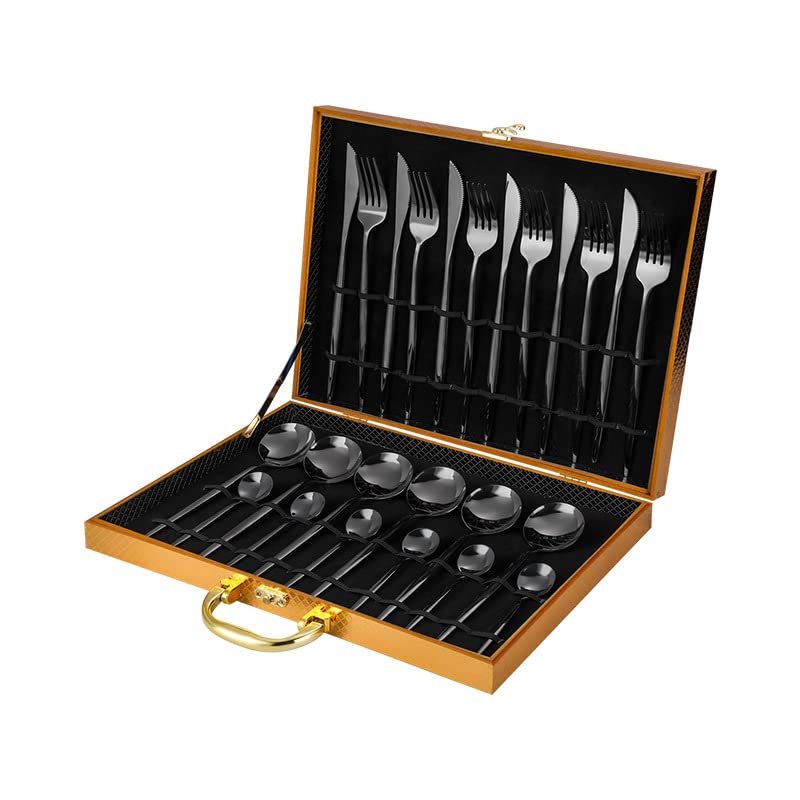 24-Piece Stainless Steel Silverware Set - Durable Flatware Cutlery for Travel, Camping & Home Use - Includes Steak Knives, Forks & Coffee Spoons - Reusable Portable Dinnerware (Black) - Perfect for Outdoor Picnics, RV Trips & Everyday Dining