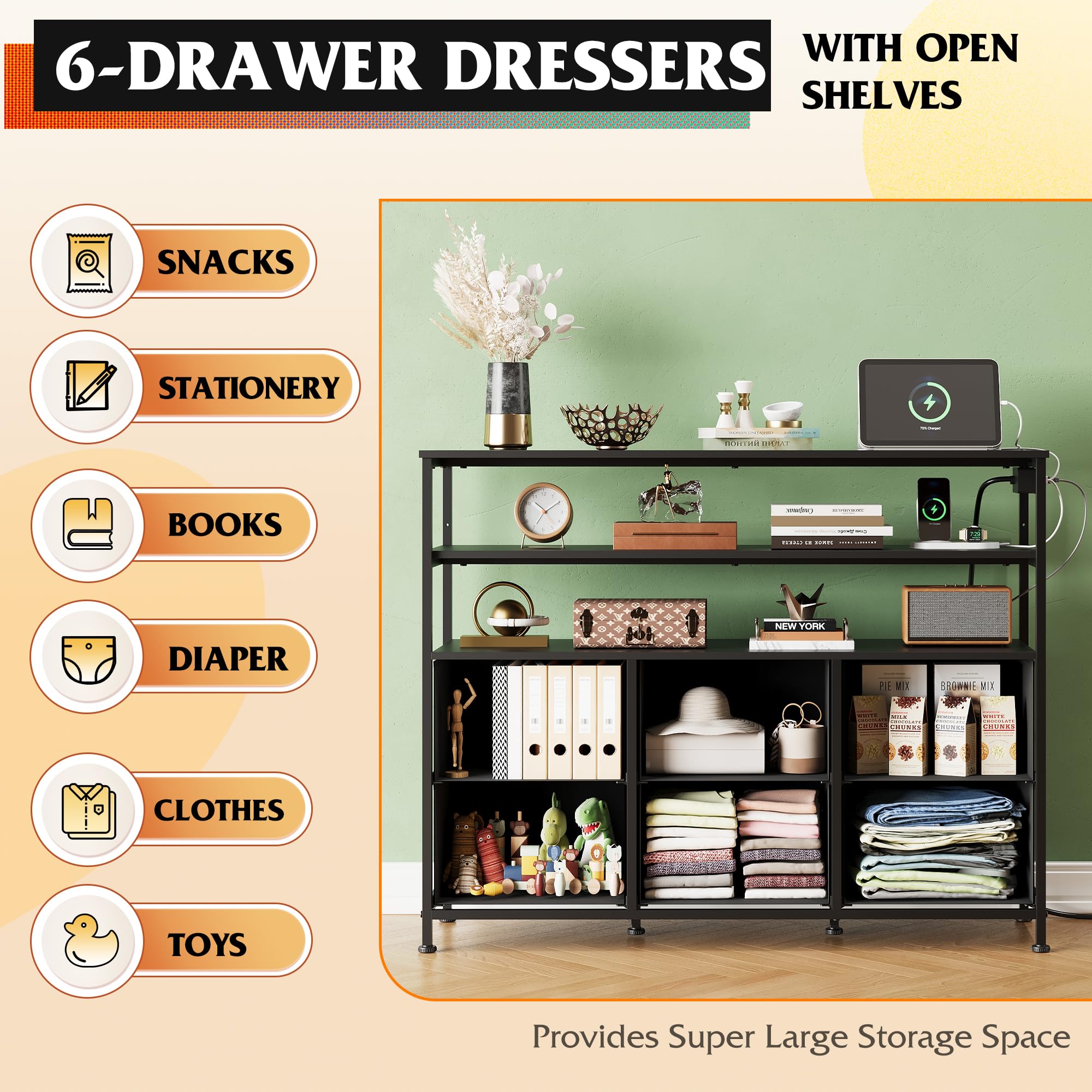 WLIVE 6-Drawer LED Dresser with Charging Station & Open Shelves - Modern Fabric Storage Dresser for Bedroom, Living Room & Closet Organization | Nightstand Alternative with USB Ports for Phone Charging & Bedroom Decor