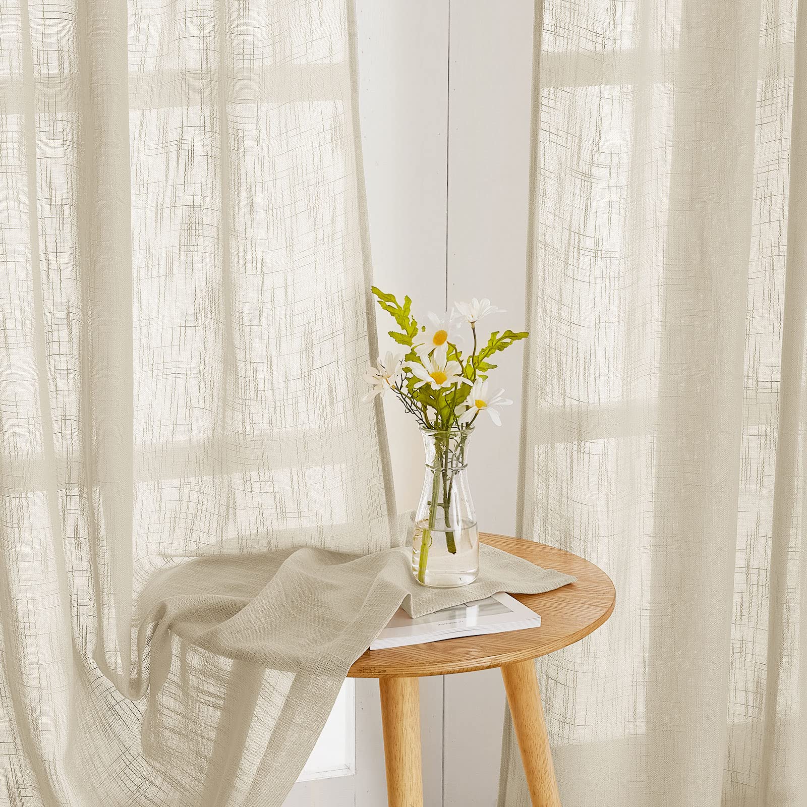 PONY DANCE 36 Inch Beige Kitchen Curtains - Semi Sheer Linen Textured Farmhouse Window Treatments with Grommet Top, Set of 2 Panels for Cafe, Bathroom, Bedroom & Small Windows | Perfect for Rustic, Modern and Farmhouse Style Decor