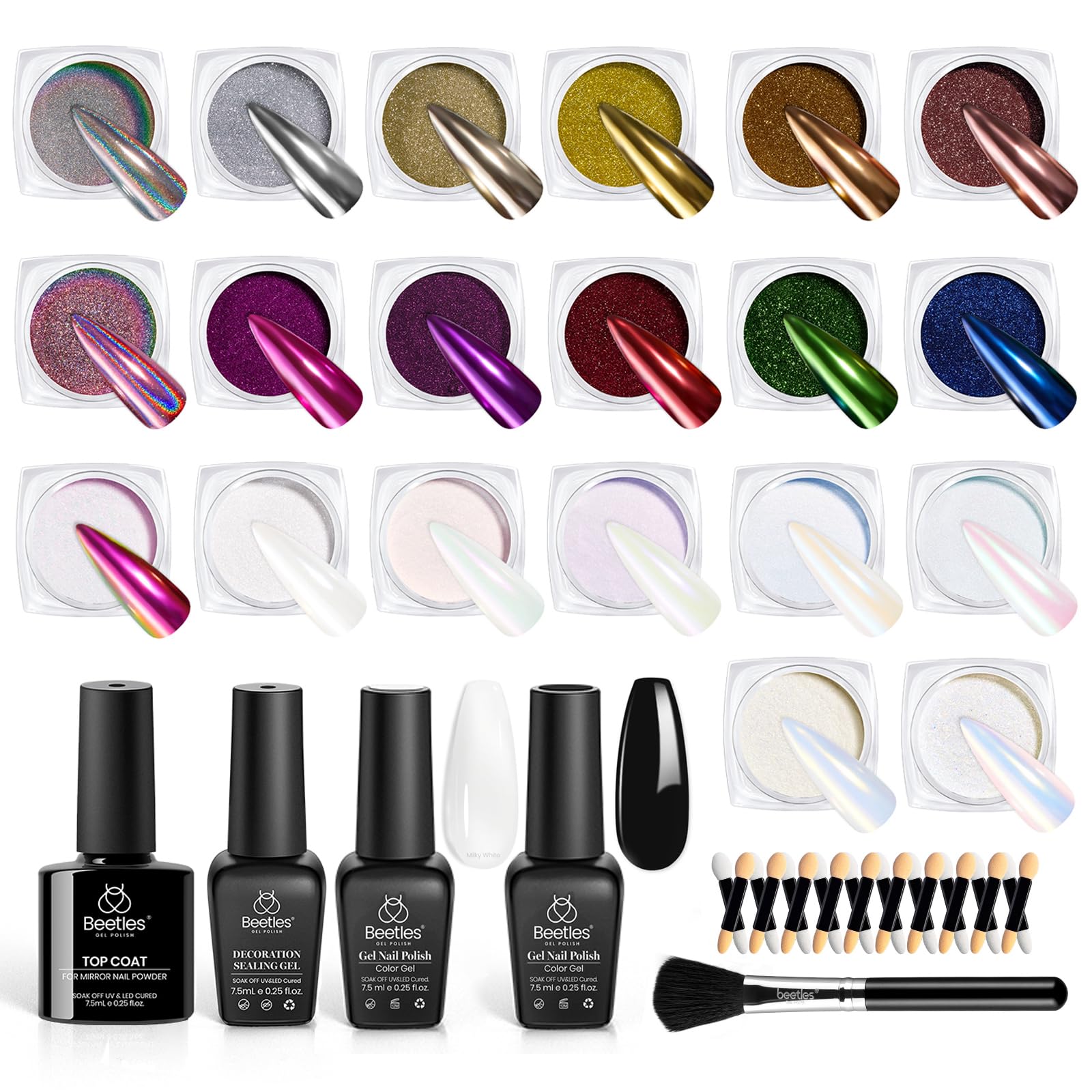20 Colors Metallic Chrome Nail Powder Set - Mirror Effect Holographic Aurora Nail Art Kit with Top Coat & Sealing Gel (0.5g/Jar) - Perfect for Salon, Home Manicure & Nail Art Designs
