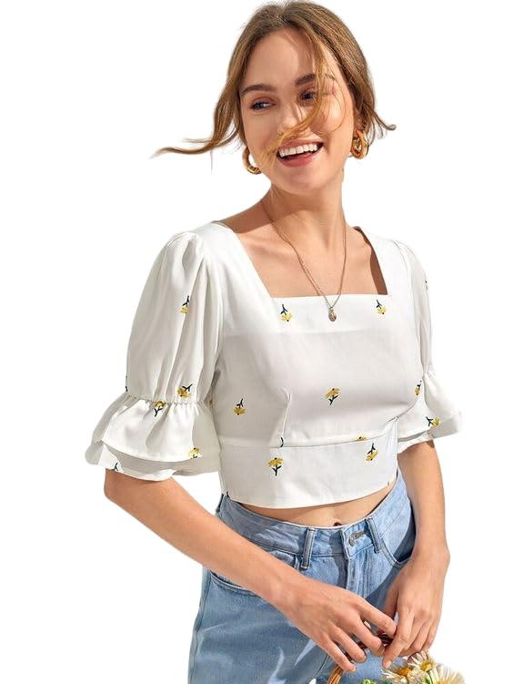Midnight Moon Women's White Ruffled Cropped Button Down Shirt - Summer Casual Blouse for Beach Outings, Date Nights & Office Wear