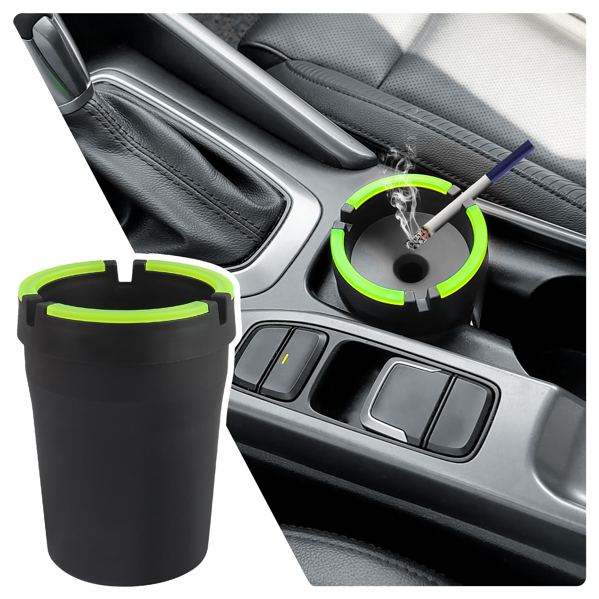 Glow in The Dark Car Ashtray with Lid - Smell Proof Portable Ashtray for Cup Holder, Multifunctional Car Accessories for Truck & SUV - Keep Your Vehicle Interior Clean & Tidy (Black) - Perfect for Road Trips & Outdoor Smoking