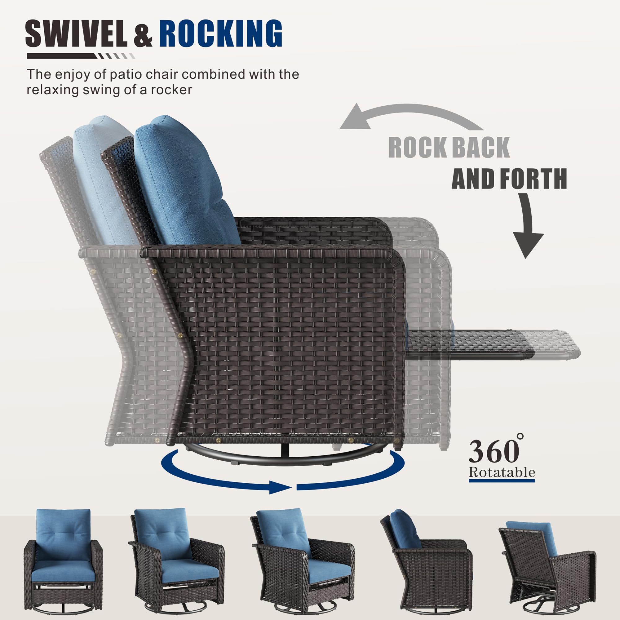 4-Seat Outdoor Patio Furniture Set with 2 Padded Rocking Chairs & Wicker Sofa - Blue Cushion for Backyard, Garden, Poolside Relaxation and Conversation