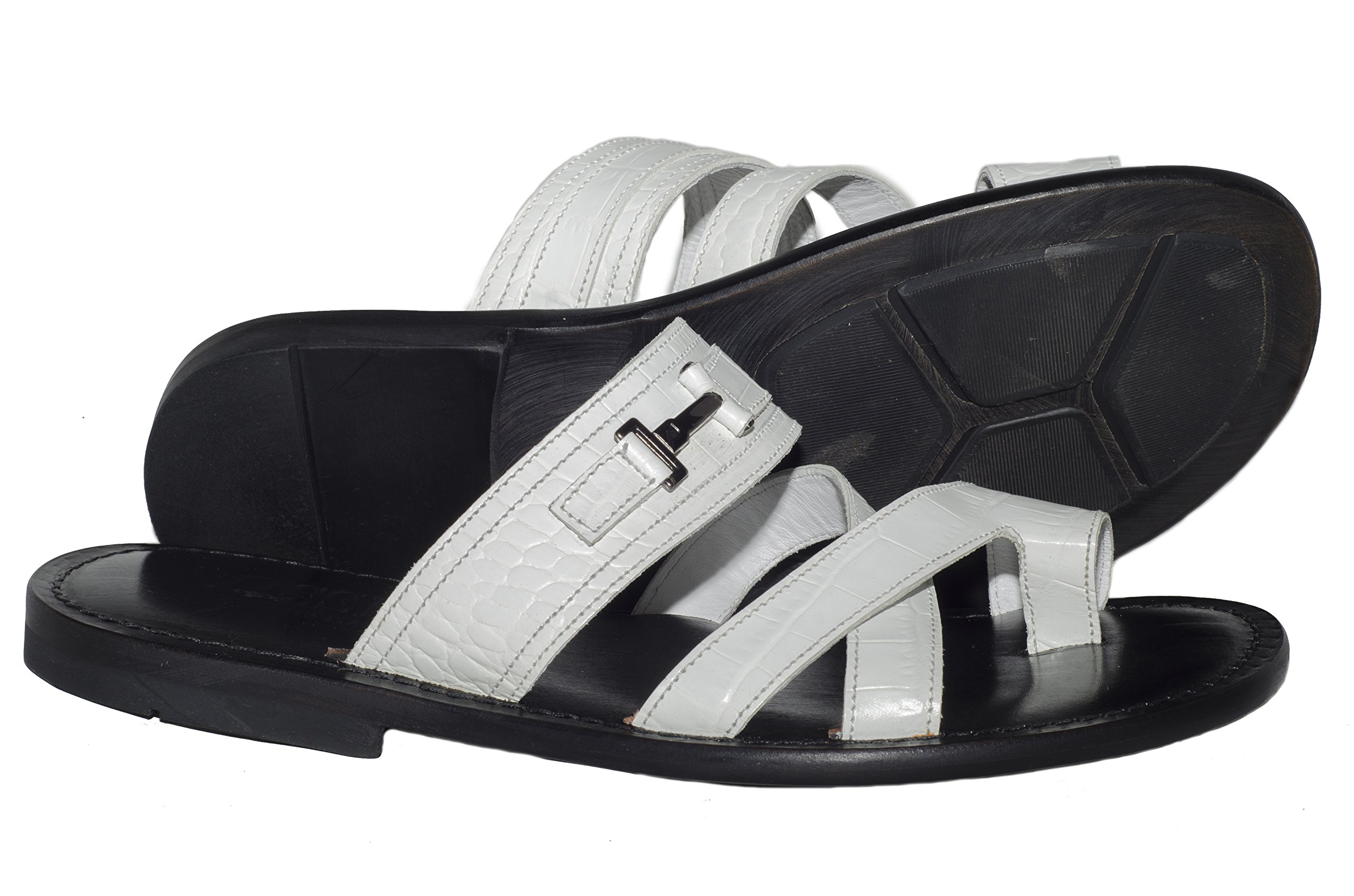 Italian Men's White Print Leather Push-In Toe Sandals - RS805 | Comfortable Summer Casual Footwear for Beach, Vacation & Outdoor Wear
