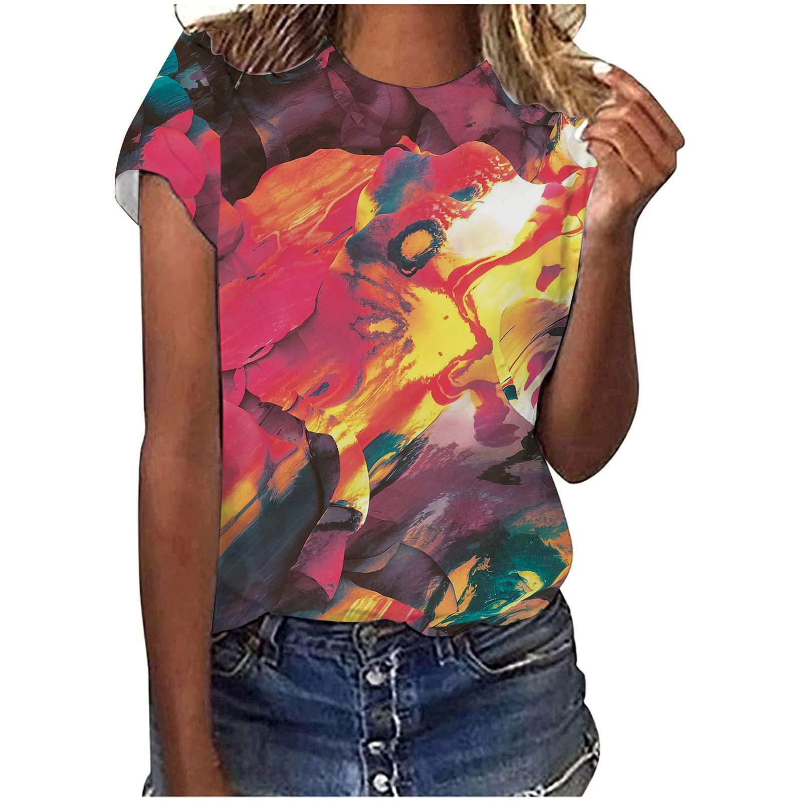 Plus Size Women's Floral Print Crewneck Short Sleeve Tunic Top - Casual Loose Fit Blouse for Work, Office & Workout | Comfortable Summer Flowy Shirt for Curvy Women