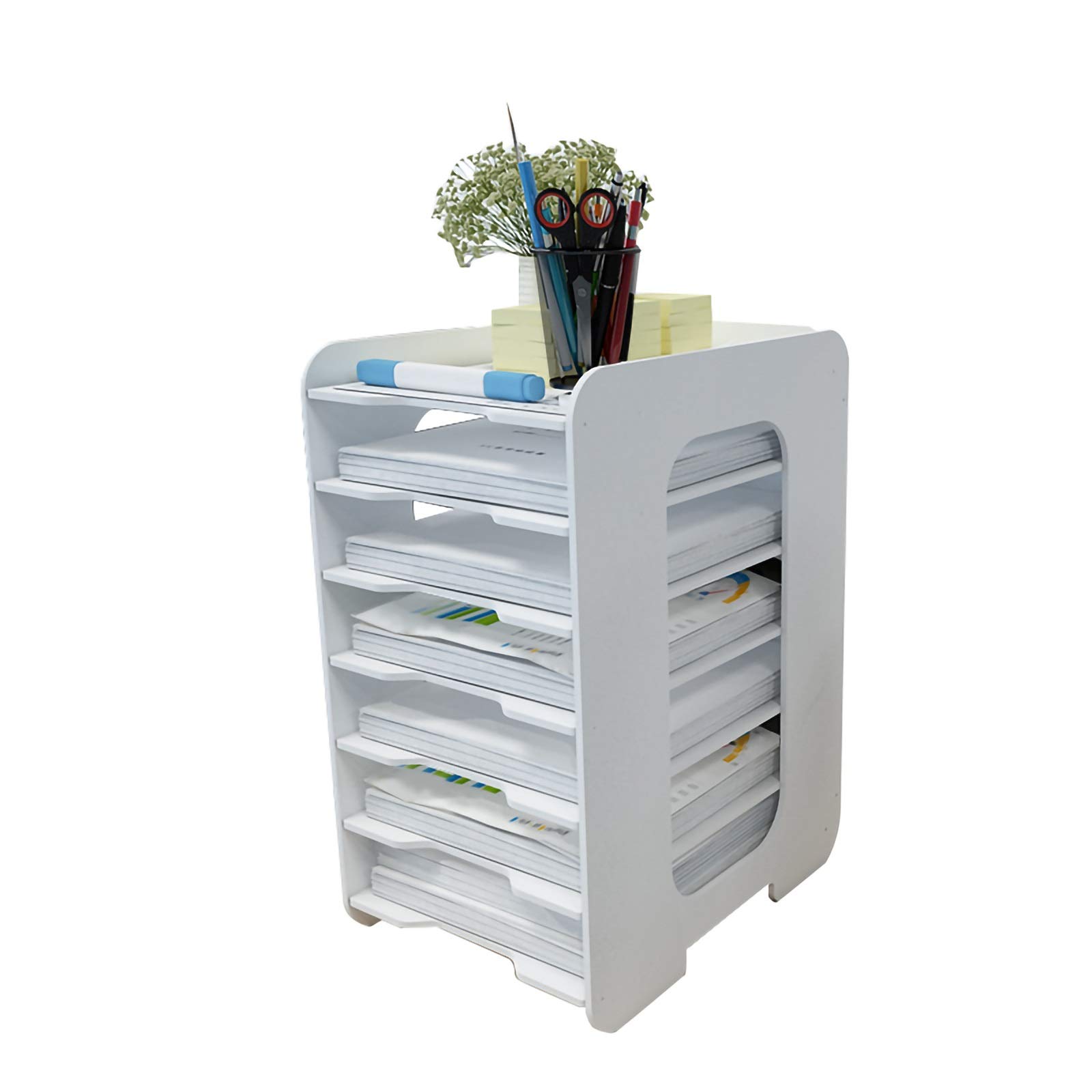 Sturdy 7-Section Desktop Bookshelf Organizer with Pencil Holder & Storage Baskets - Vertical File Holder for Office, Home Desk Accessories - Perfect for Organizing Documents, Stationery & Office Supplies