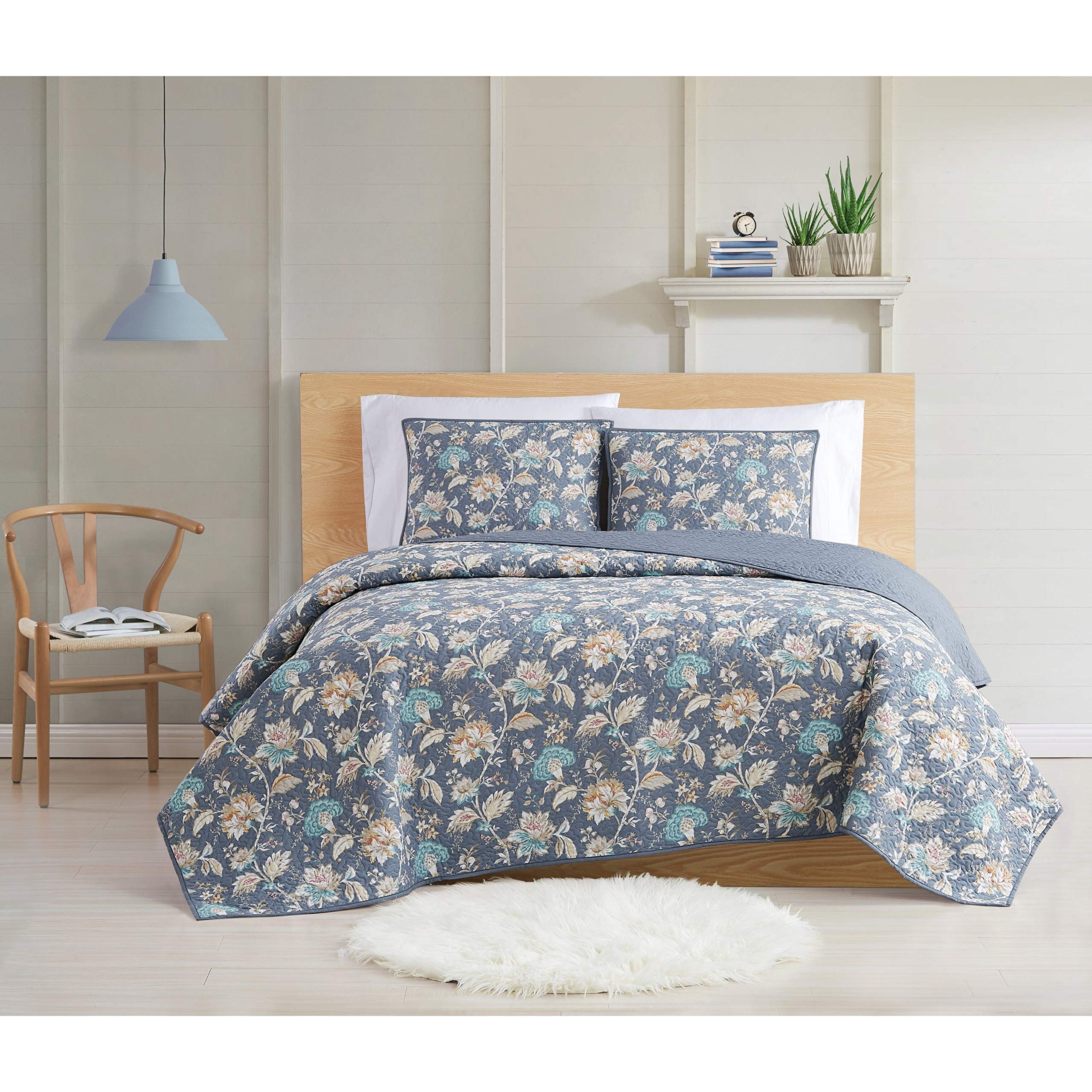 2-Piece Blue Grey Tan Taupe Wildflowers Quilt Set for Twin/Twin XL Beds - Cotton Hippie Flower Blossom Themed Bedding | Perfect for Boho Bedroom Decor & Cozy Dorm Room Essentials