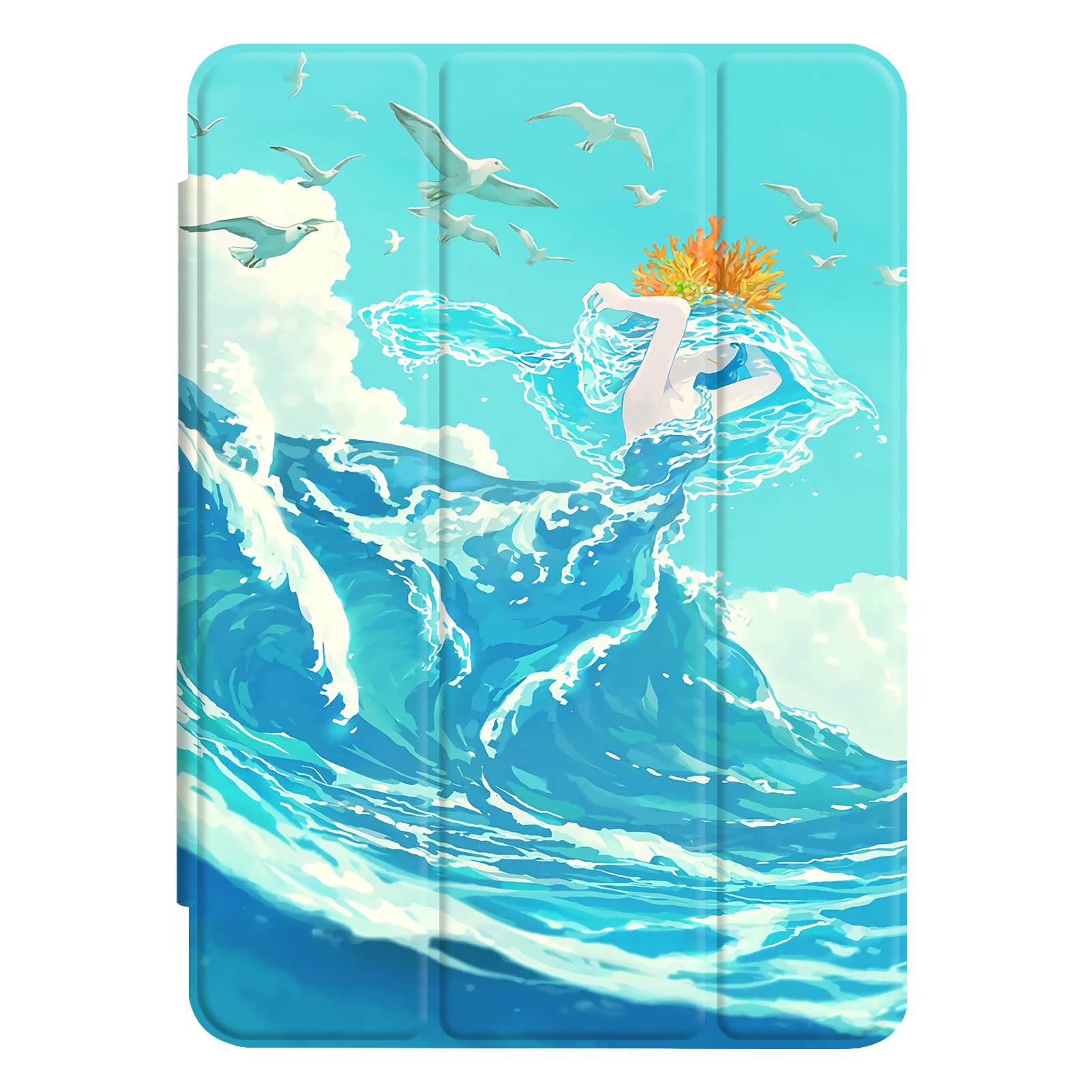 Premium Leather Silicone Trifold Flip Cover Case for iPad Air 5th/4th Gen (2022/2020 10.9-inch) - PU Magnetic Auto Sleep/Wake with Apple Pencil Slot & Stand - Sunset Waves Pattern - Perfect for Work, Travel & Home Use