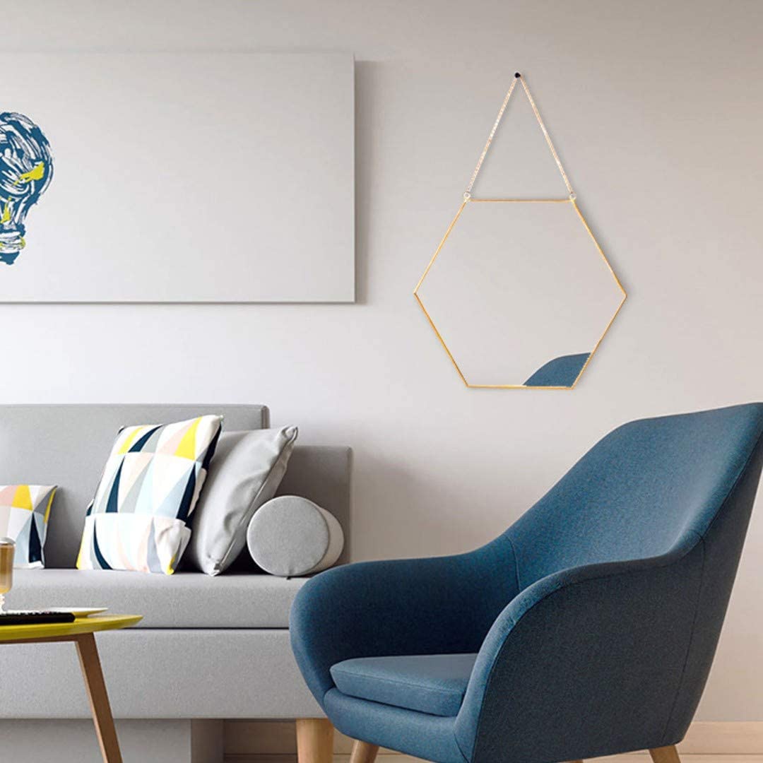 Hexagon Hanging Wall Mirror - Gold Geometric Decorative Mirror for Living Room, Bedroom & Bathroom - Stylish Home Decor Accent Piece