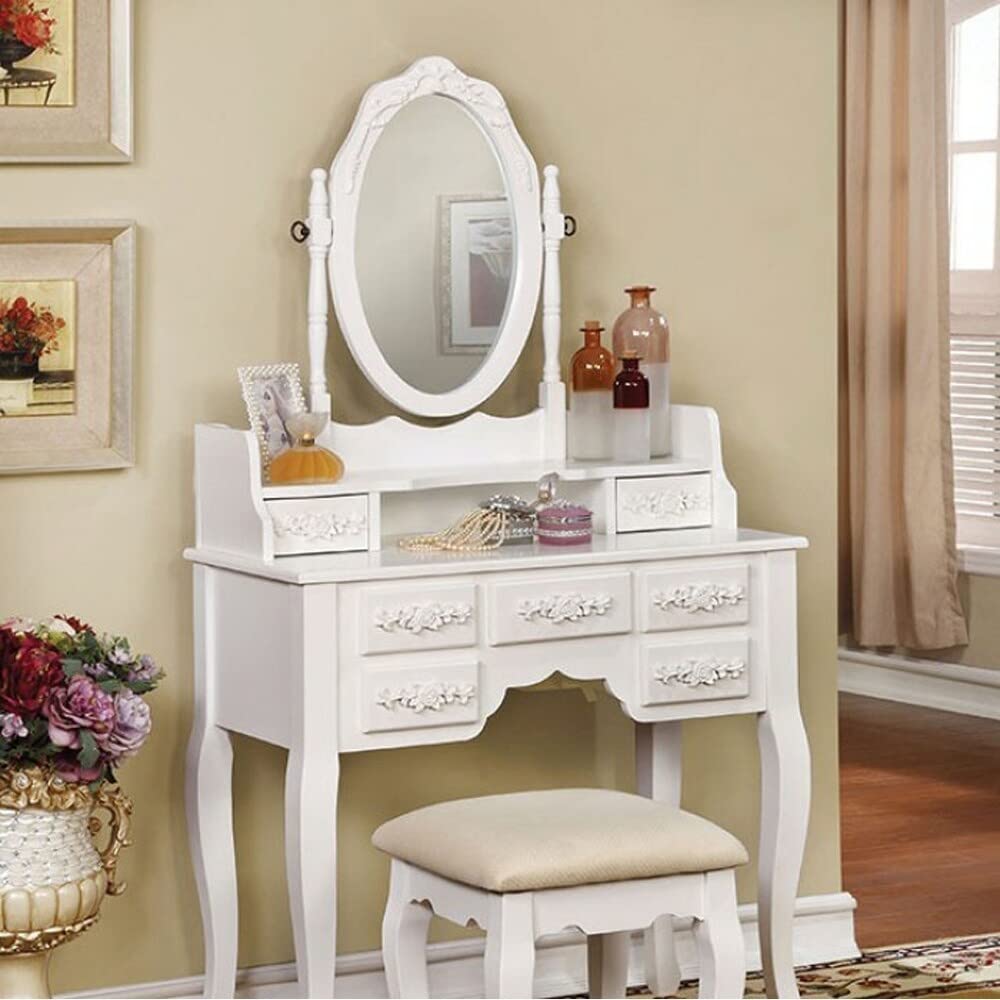 Benjara Benzara Elegant Vanity Table and Stool Set for Women, Ivory White - Perfect for Bedroom Makeup Dressing & Home Decor
