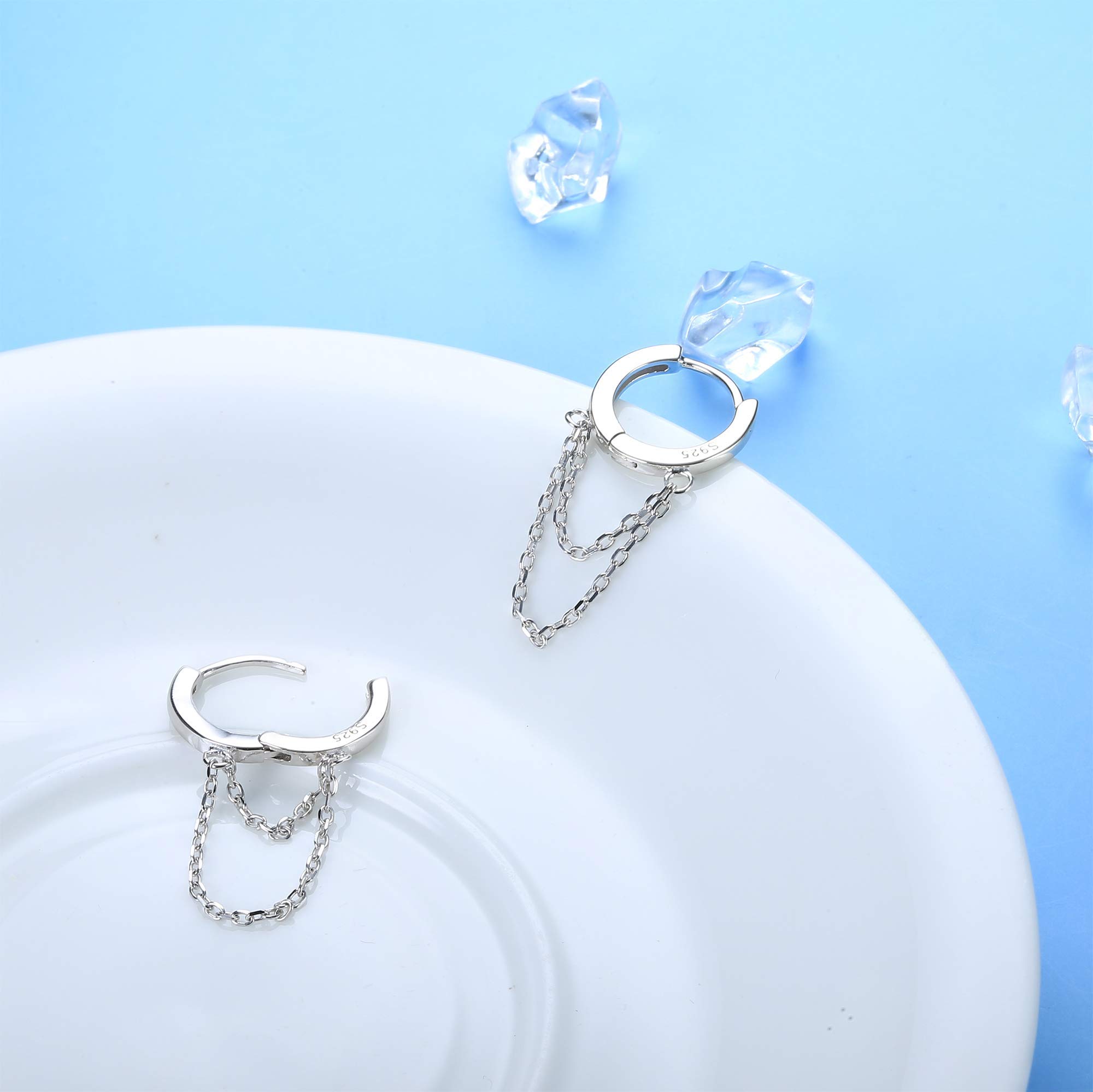KRFY 925 Sterling Silver Hoop Earrings for Women - Minimalist Cartilage Huggie Hoops with Tassel Chain Dangle - Small Drop Chain Earrings in Silver | Perfect for Everyday Wear, Parties & Gifts