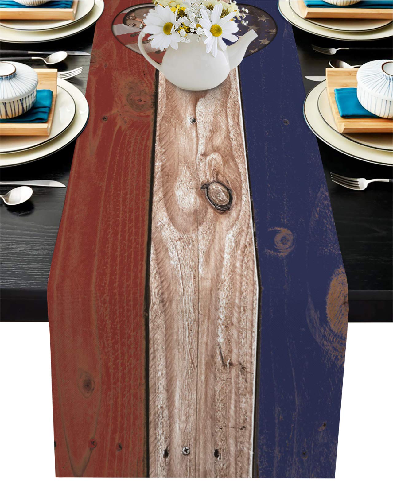 HELLOWINK 36-inch Patriotic Heart Rustic Wood Table Runner - Heat Resistant Cotton Linen for Wedding, Dining Room, Party & Holiday Decor - Perfect for Independence Day Celebrations & Home Decoration