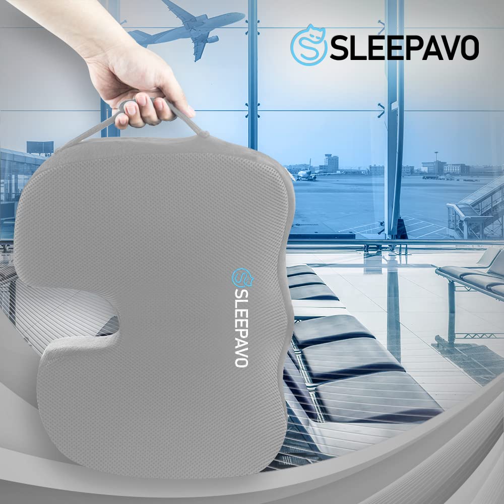 Sleepavo Gray Memory Foam Seat Cushion with Cooling Gel - Orthopedic Office Chair Cushion for Sciatica, Coccyx & Lower Back Pain Relief - Ergonomic Lumbar Support Pillow for Desk, Car & Airplane Travel - Perfect for Work, Driving & Long Flights