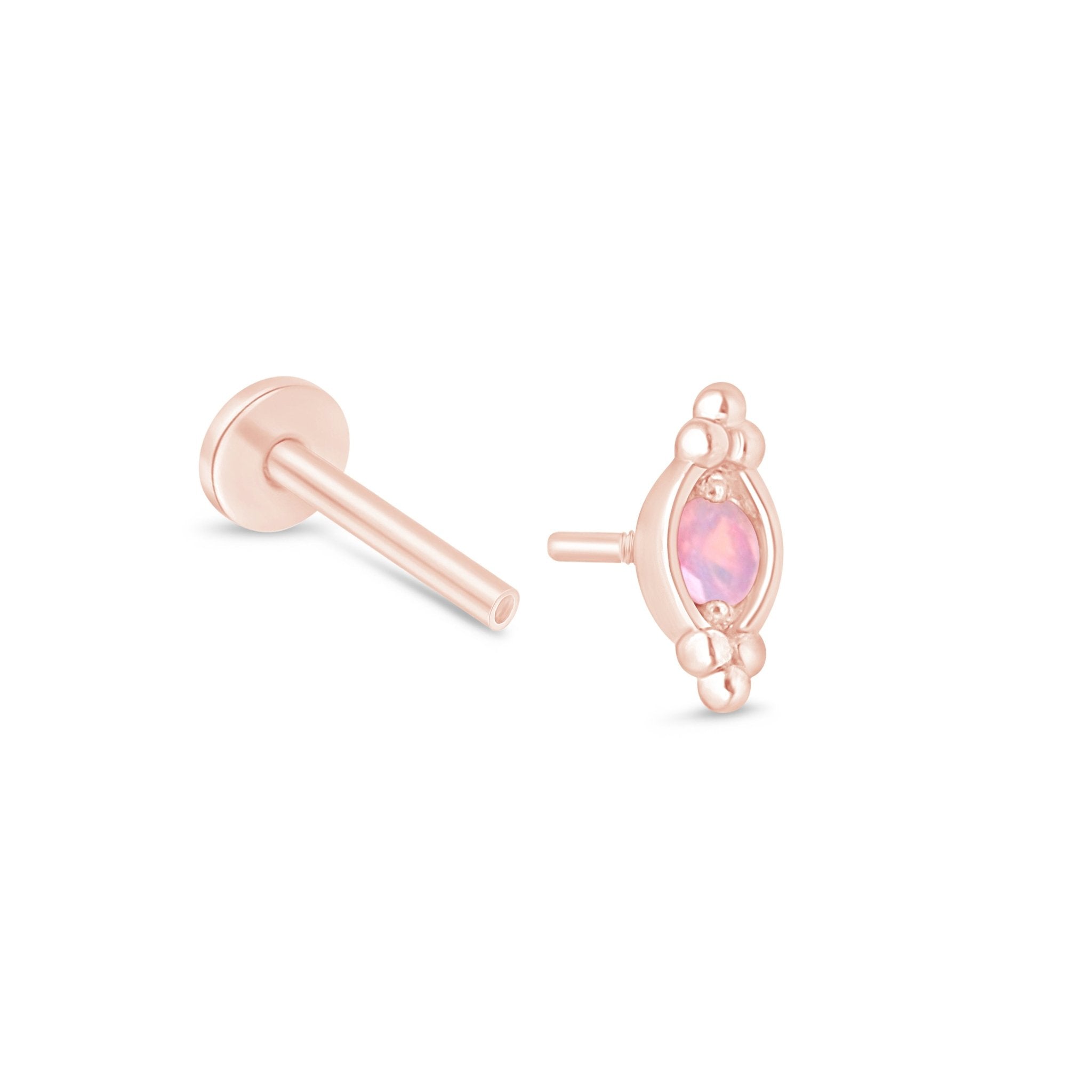 14K Rose Gold Beaded Marquise Opal Evil Eye Flat Back Stud Earrings for Women - Protection Jewelry for Everyday Wear, Gift for Bridesmaids & Best Friends
