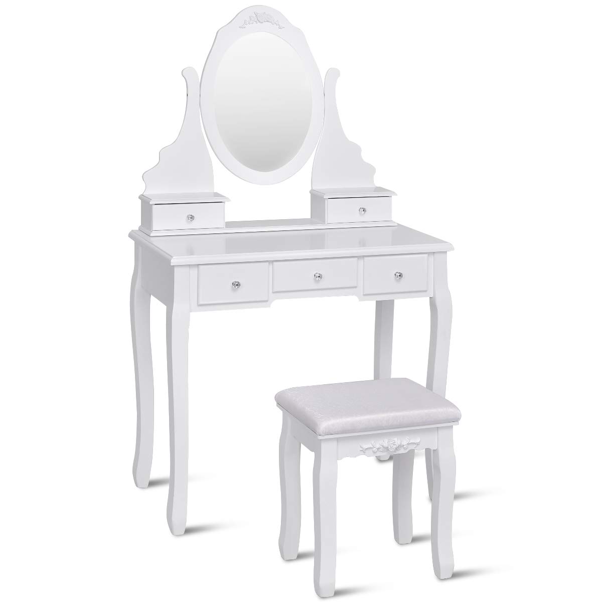 Giantex White Vanity Set with Oval Mirror & Cushioned Stool - 5-Drawer Makeup Dressing Table with Large Storage, Mirrored Bedroom Vanity for Women, Girls & Kids - Easy Assembly for Home, Bedroom & Beauty Room Decor
