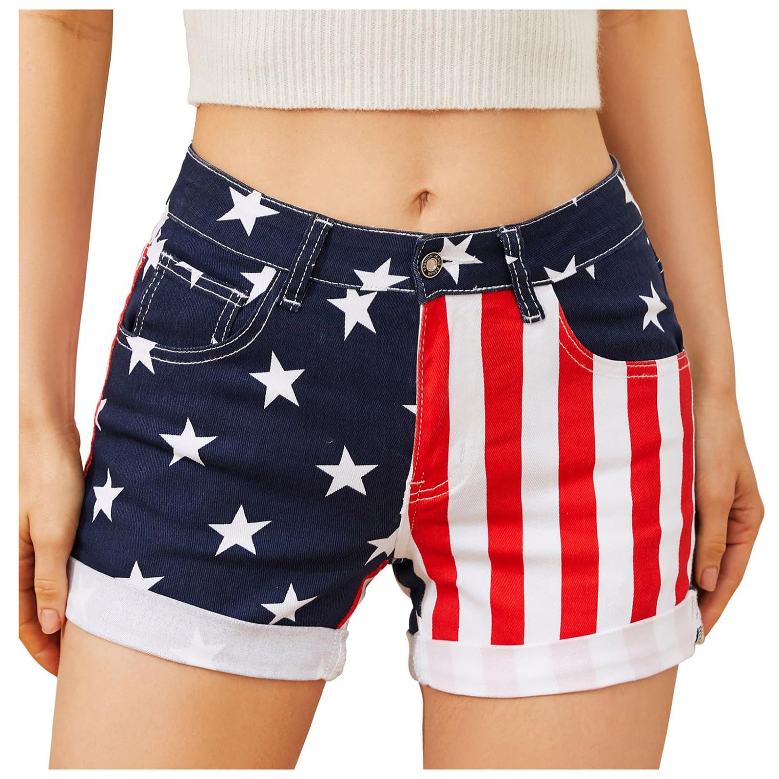 Women's Stretchy High Waisted Denim Shorts - American Flag Print Summer Mini Jean Shorts for Casual Wear, 4th of July Outfits & Beach Vacations