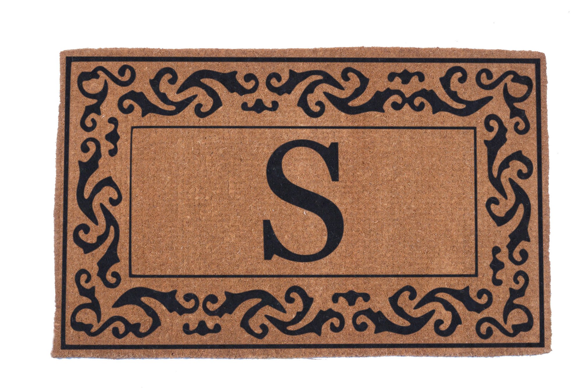 COCO MATS 'N MORE Hand Woven Black Rolling Scrolls Bordered Monogrammed Coco Doormat 18