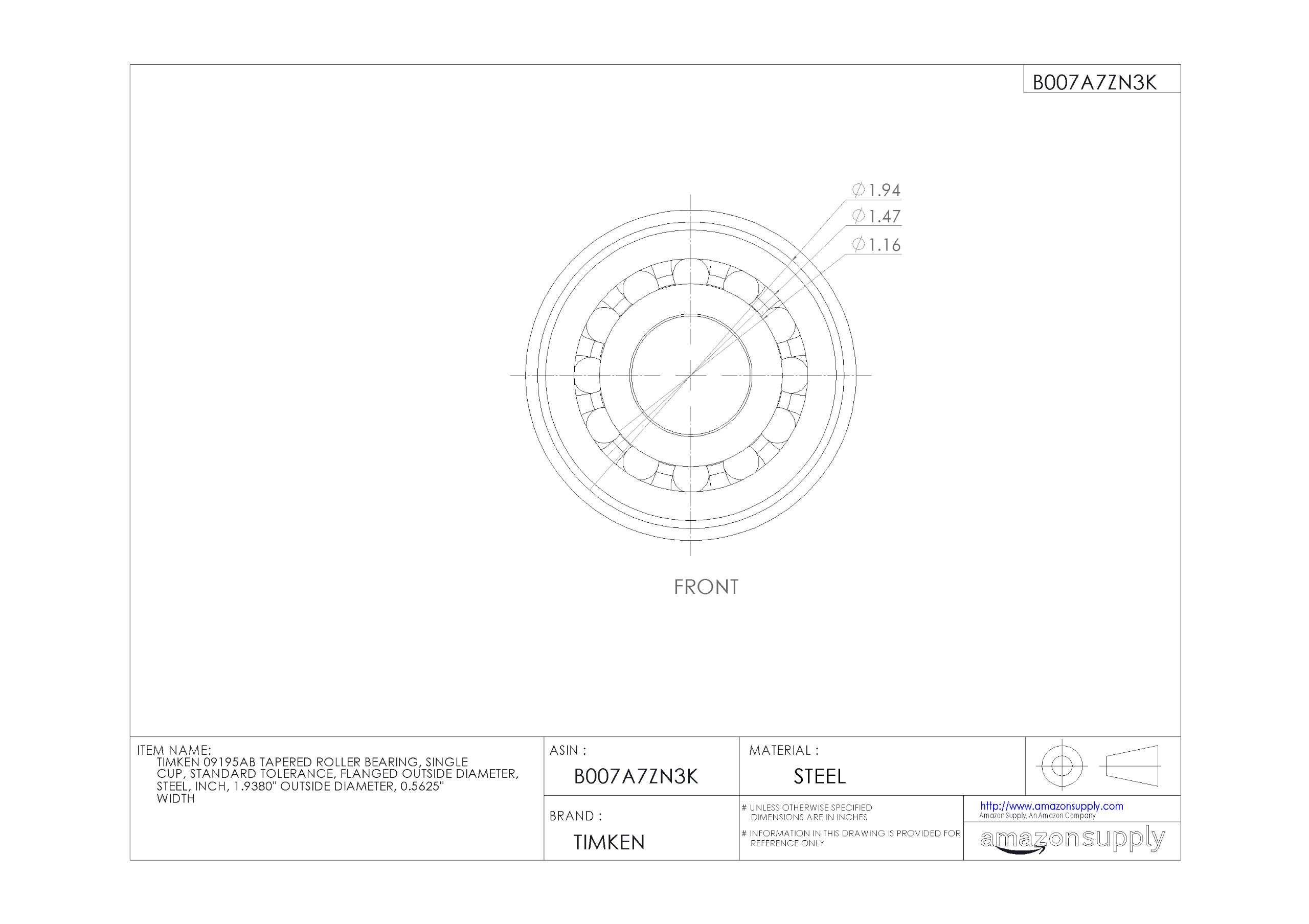 Timken 09195AB Flanged Tapered Roller Bearing - 1.9380