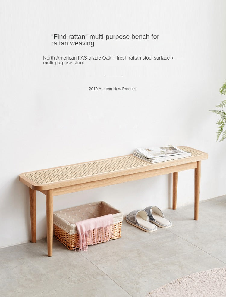 Solid Oak Wood Rattan Bench - Rustic Entryway, Patio, or Garden Seating - Handwoven Wicker Design for Indoor and Outdoor Use