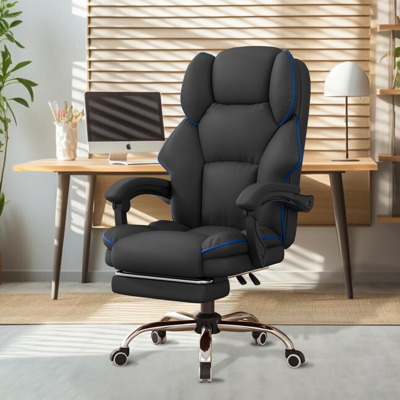 Premium Ergonomic Executive Office Chair - PU Leather High Back Computer & Gaming Chair with Adjustable Height, Footrest & Wheels - Black - Perfect for Home Office, Gaming Setup & Professional Workspaces