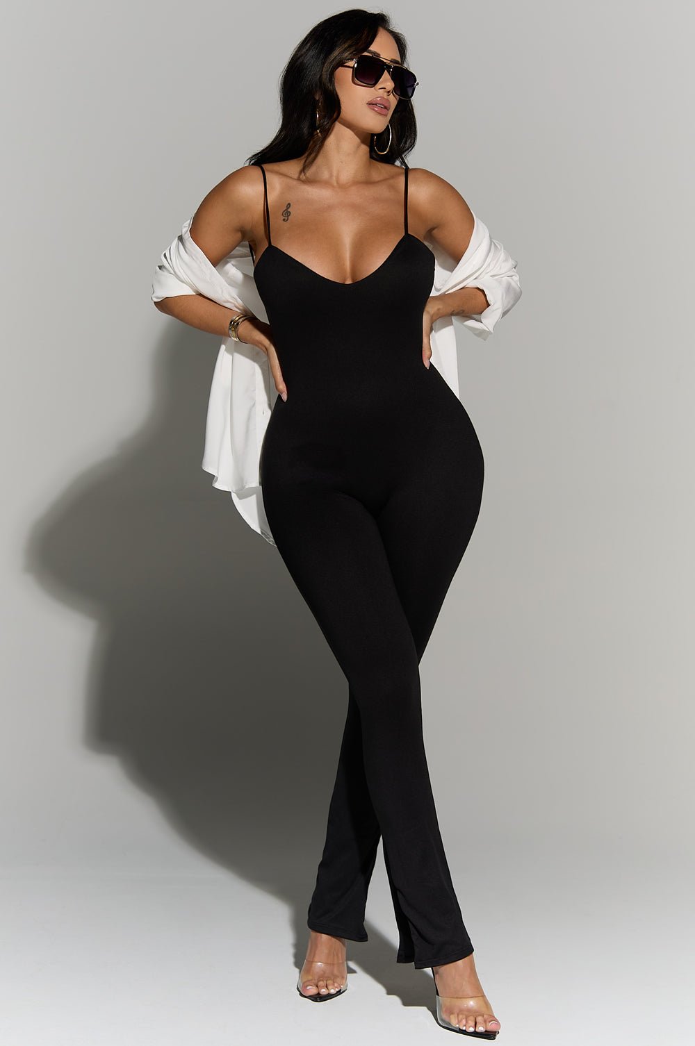 Elegant Black Spaghetti Strap V-Neck Open Back Slit Jumpsuit for Women - Sexy Party Dress, Clubwear & Evening Outfits for Night Out, Date Night & Special Occasions