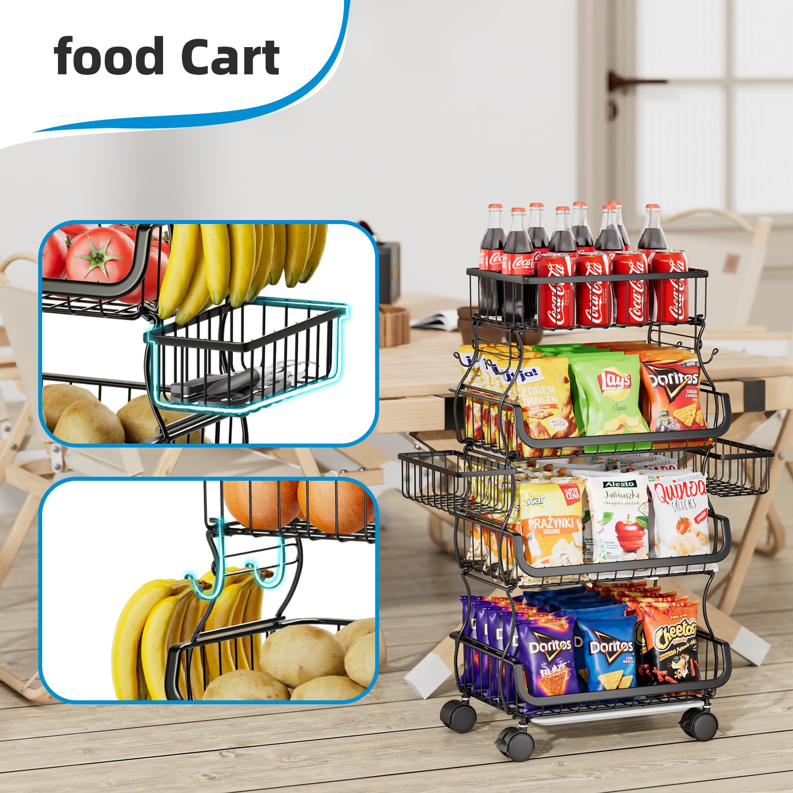 4-Tier Rolling Kitchen Cart with Wheels - Stackable Metal Wire Basket Organizer for Fruits, Vegetables, Bread & Snacks - Includes 2 Hanging Baskets - Perfect for Pantry, Grocery Storage & Small Space Organization (Black)