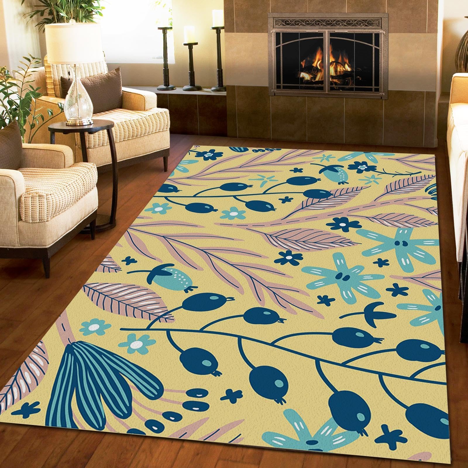 8x10 Large Fluffy Area Rugs - Yellow Green Ocean Plant Print, Non-Slip Nursery Rug for Living Room & Bedroom | Herbal Collection Soft Carpet for Kids Room, Home Decor