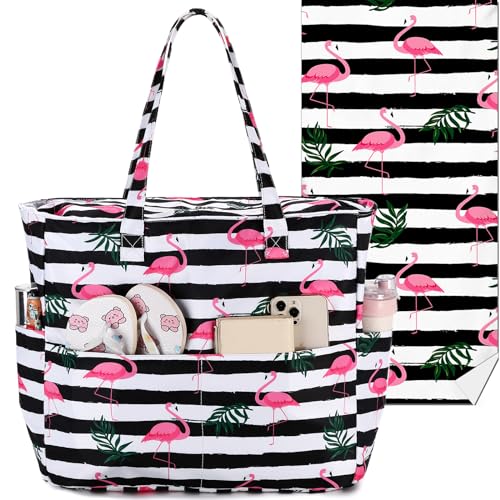 Beach Towel-pink Flamingo Black