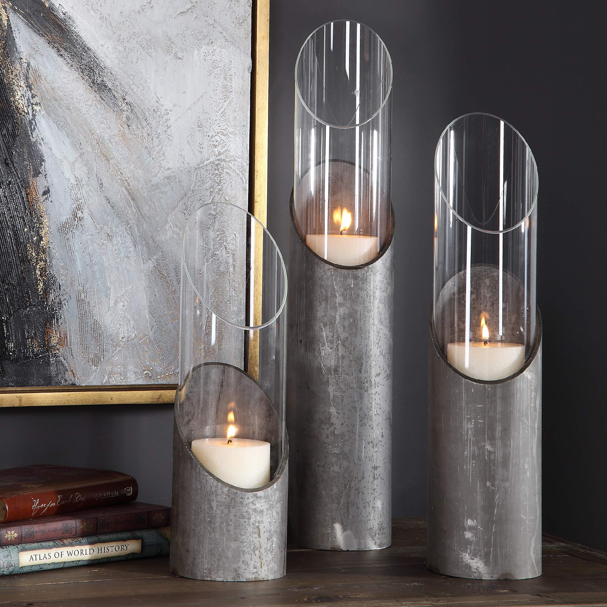 Modern Iron and Glass Candle Holders Set of 3 - 22 Inch Gray Home Decor for Dining Table, Wedding Centerpiece, Living Room & Bedroom Decor