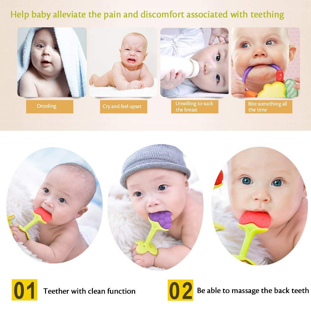 SHOFO SHOP 5-in-1 Baby Feeding Set - Silicone Teething Spoon, Pacifier, Fruit Feeder, Finger Toothbrush & Bib for Infants (Blue Grape Design) - Perfect for Teething Relief & Mess-Free Mealtime