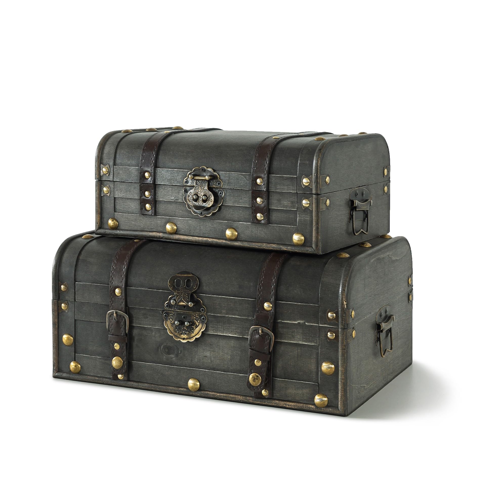 Vintage Wooden Decorative Storage Box Set of 2 - Pirate Treasure Chest for Jewelry, Keepsakes & Home Decor | Hinged Lid Suitcase Trunks for Bedroom, Living Room & Office Organization