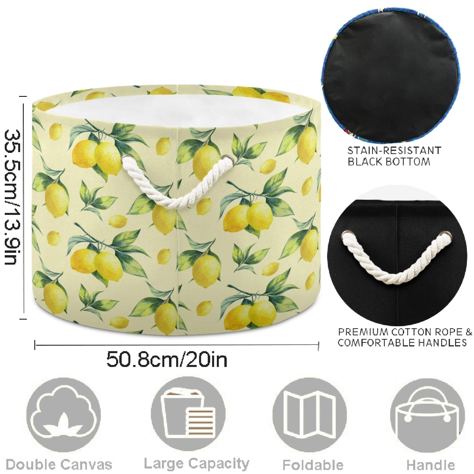 Visesunny Collapsible Storage Basket - Lemon Yellow Pattern Nursery Hamper for Clothes, Toys & Laundry | Foldable Organizer Bin for Kids Room, Playroom, Bathroom, Living Room, Dorm & Office | Perfect for Home Organization & Space Saving