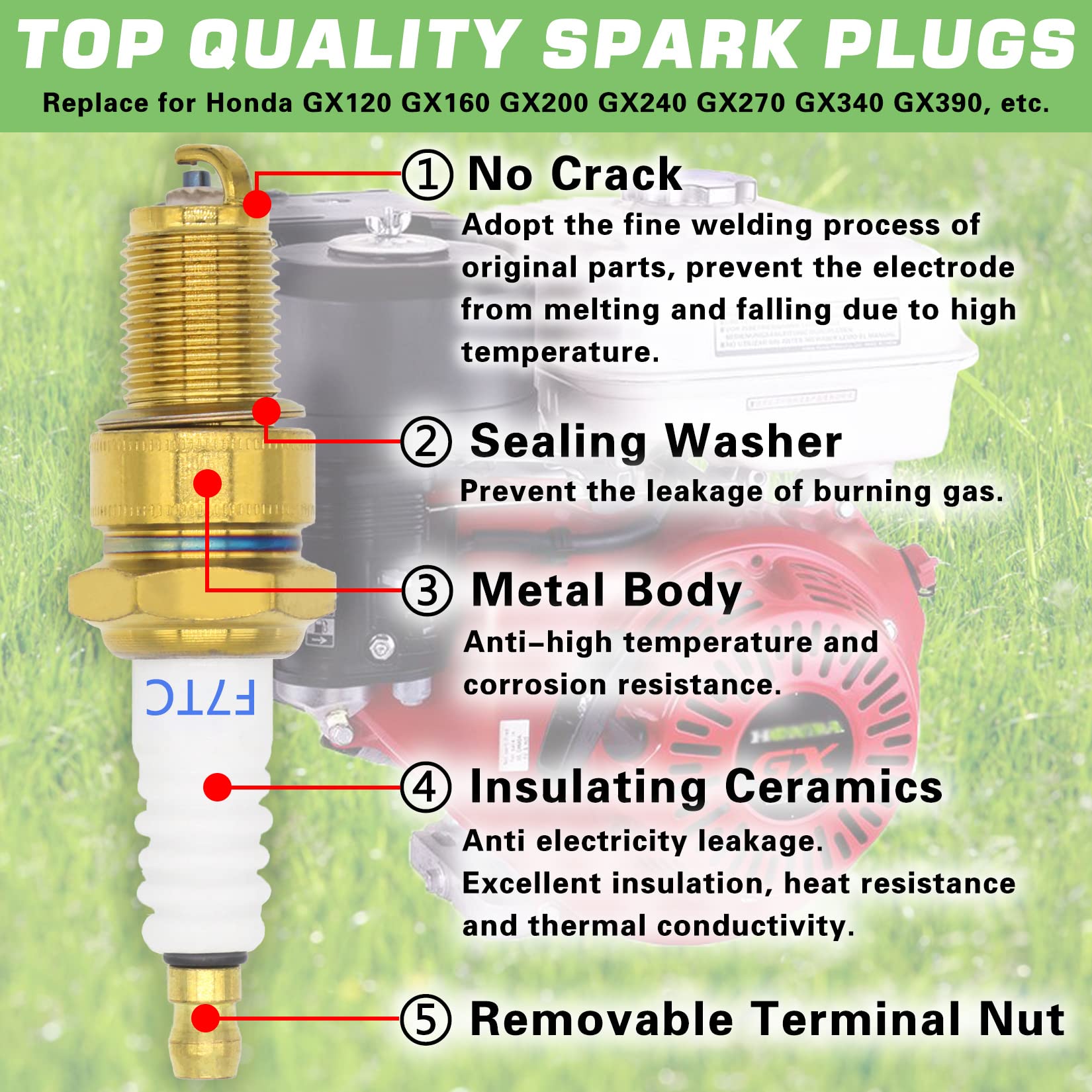 4pcs F7TC Spark Plugs Compatible with GX120 GX160 GX200 GX240 GX270 GX340 GX390 Engines - Includes Wrench - Ideal for 4-Stroke Generators, Lawn Mowers, Chainsaws, Tractors, Water Pumps, Rototillers, Go Karts & Mini Bikes