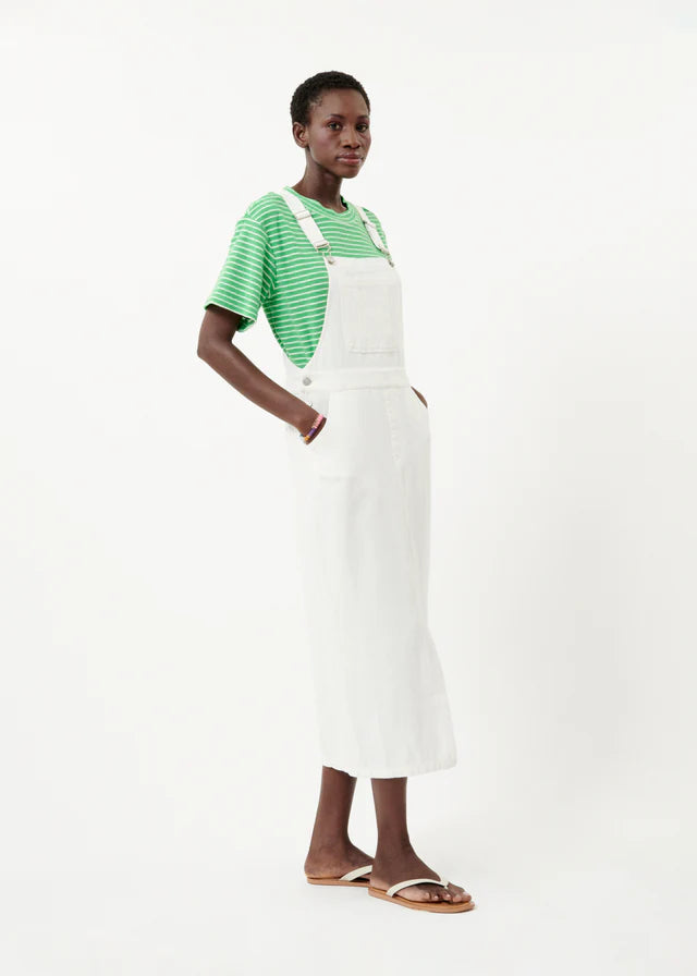 Charlize Denim Dungaree Midi Dress for Women - White Casual Jumpsuit with Adjustable Straps | Perfect for Spring Outfits, Brunch Dates & Weekend Wear