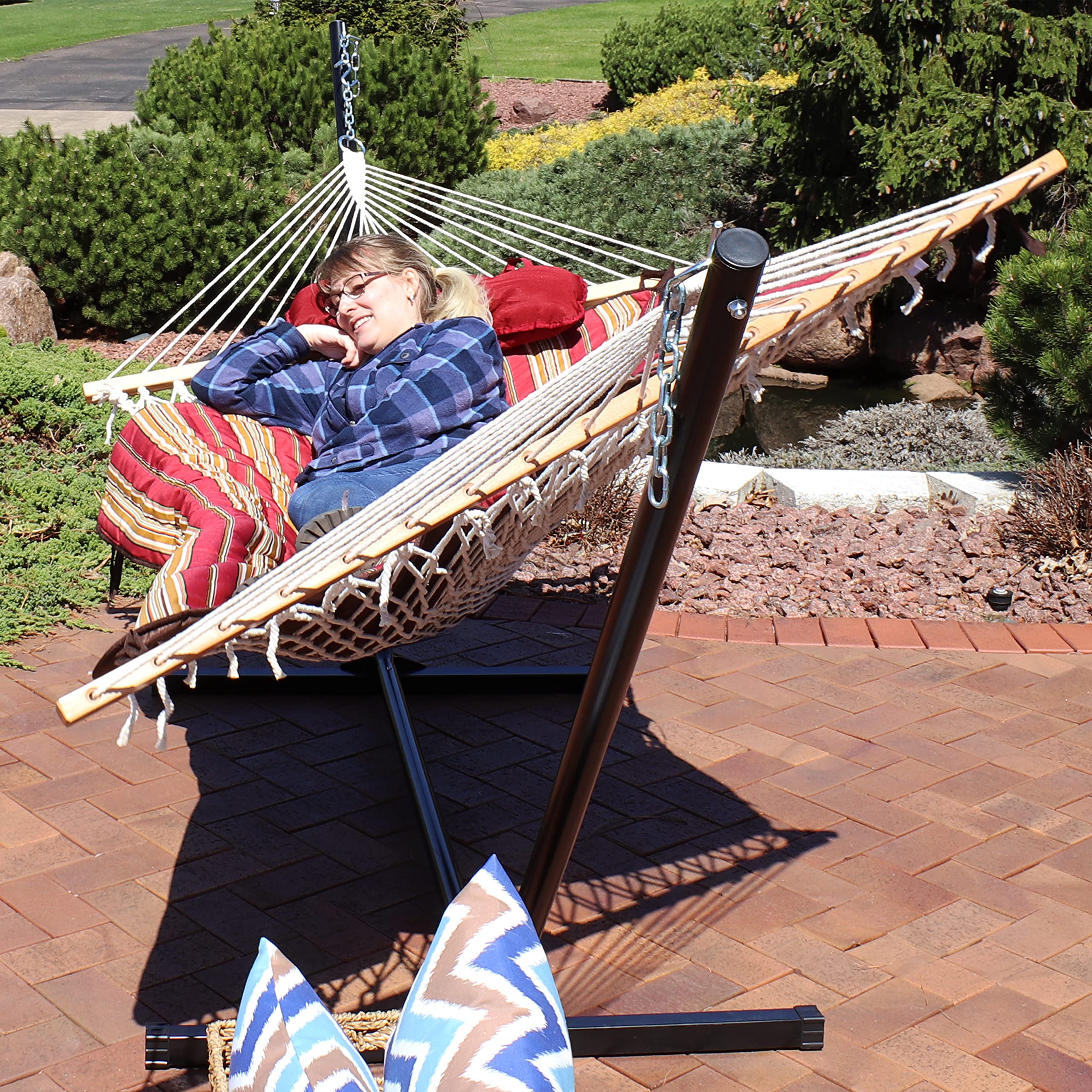 Sunnydaze 12-Foot Rope Hammock with Stand & Cushion - 275 lb Weight Capacity - Green Stripe Outdoor Hammock for Backyard, Patio, Poolside Relaxation