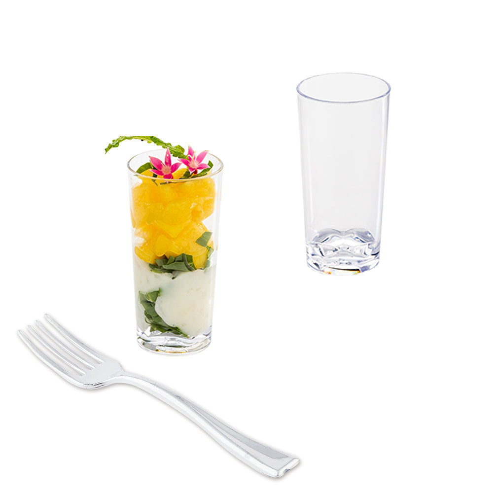 100-Pack 2 oz Clear Plastic Shot Glasses with 100 Silver Mini Forks - Perfect for Cocktail Parties, Wedding Favors, and Catering Events