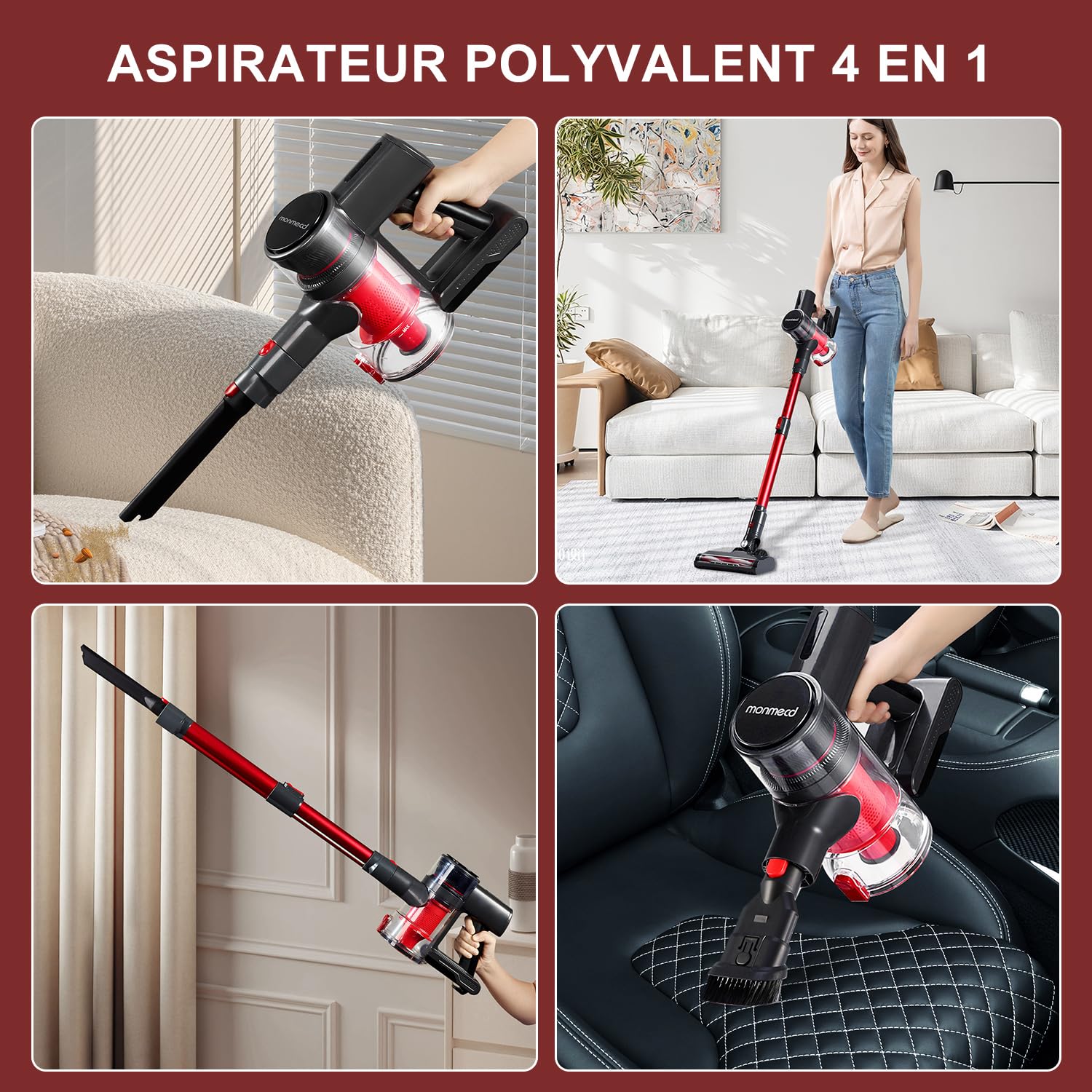 Powerful Cordless Vacuum Cleaner - 16Kpa Suction, 1L Dustbin, 49Min Runtime, 4-in-1 Lightweight Stick Vacuum with LED Display - Ideal for Hardwood Floors, Carpets, Pet Hair Cleaning - Perfect for Home, Office & Car Use (Black/Red)