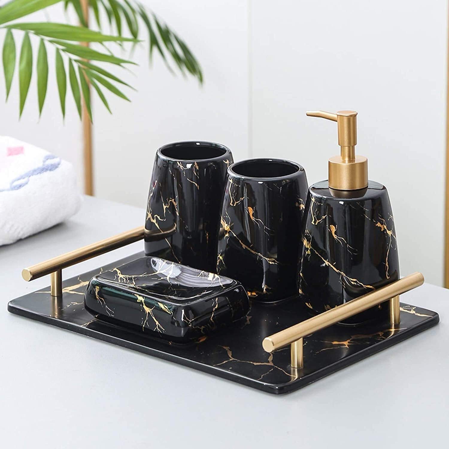 ZSEFV 4-Piece Ceramic Liquid Soap Dispenser Set - Modern Refillable Pump Bottles for Bathroom & Kitchen - Elegant Black Soap Dispenser for Home Decor (5-Piece Size) - Perfect for Guest Bathrooms, Spa Style Vanities & Luxury Home Interiors