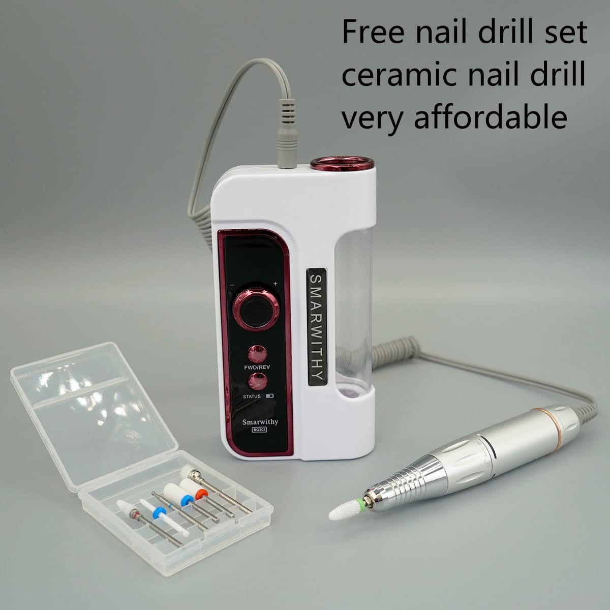 Smarwithy Professional Portable Nail Drill Kit for Home & Salon Use - Electric Nail File with 6 Bits & LED Light (White) - Perfect for Manicures, Pedicures & Nail Art